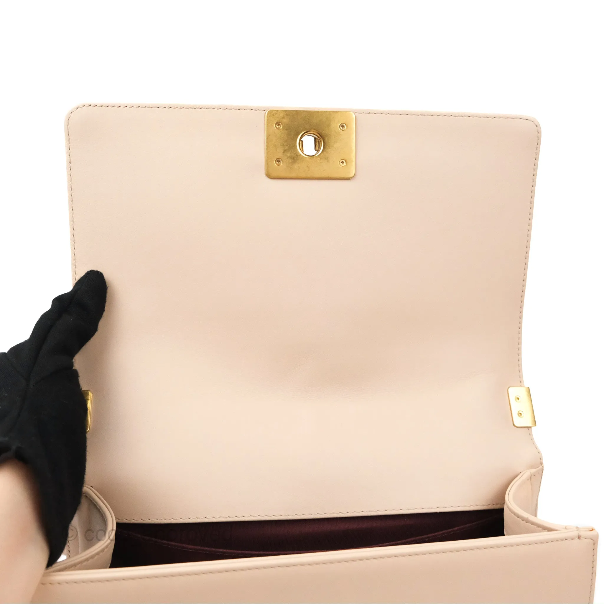 Chanel Chevron Medium Boy Beige Pink Suede Calfskin Aged Gold Hardware