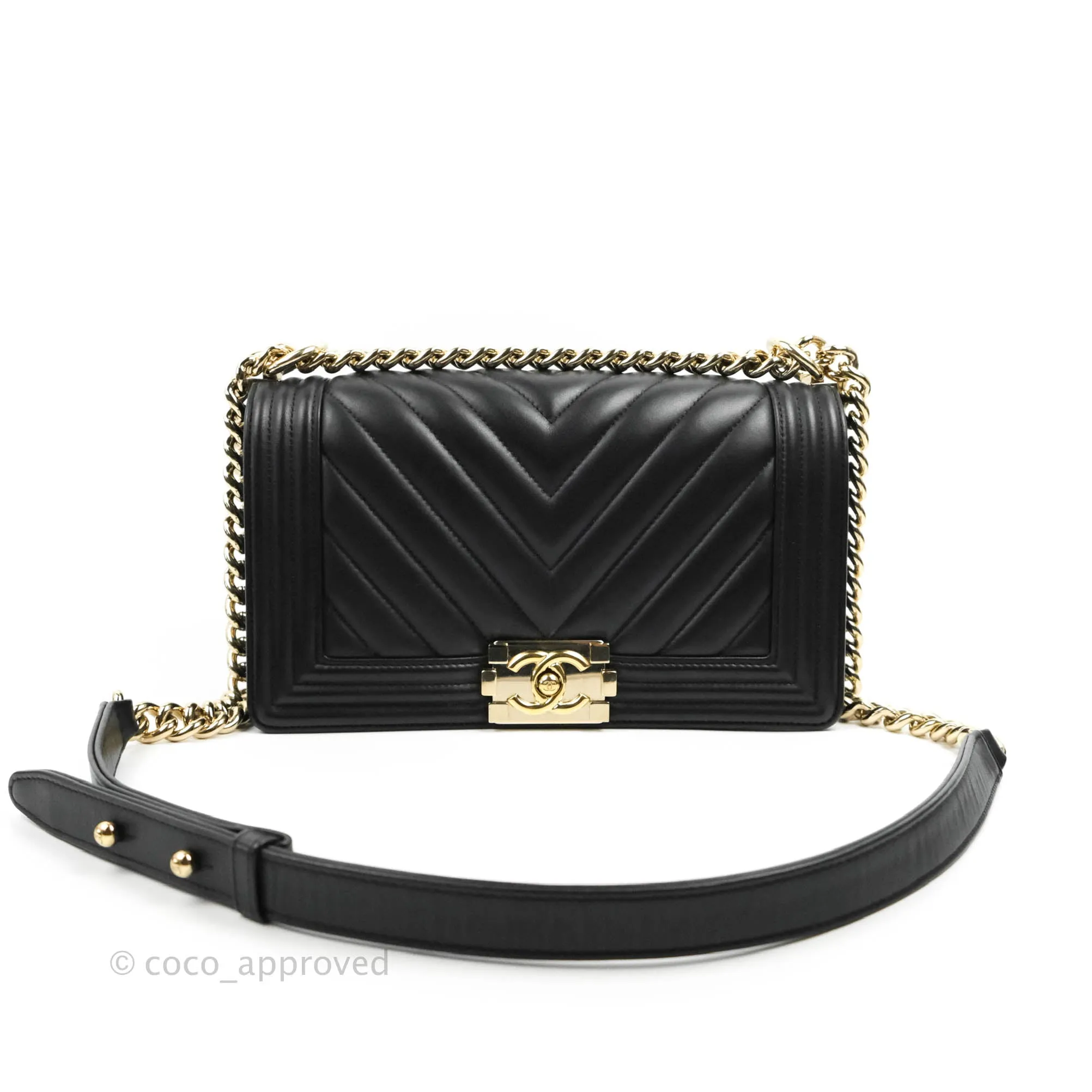 Chanel Chevron Medium Boy Black Calfskin Gold Hardware