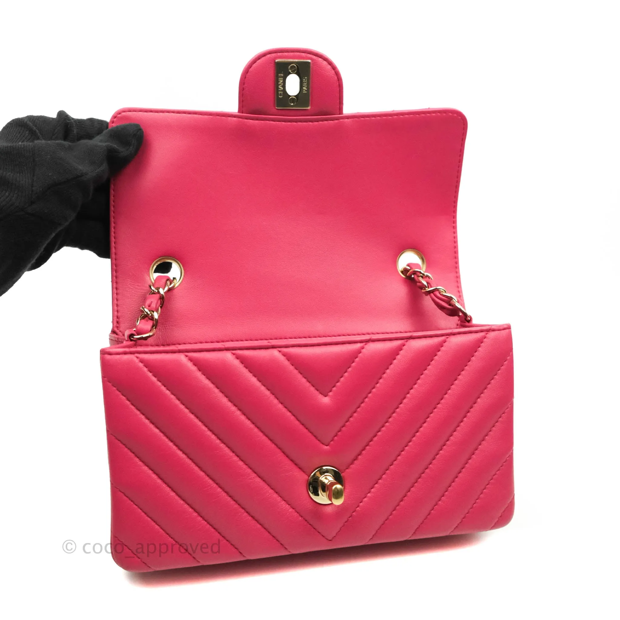 Chanel Chevron Mini Rectangular Flap Pink Lambskin Gold Hardware