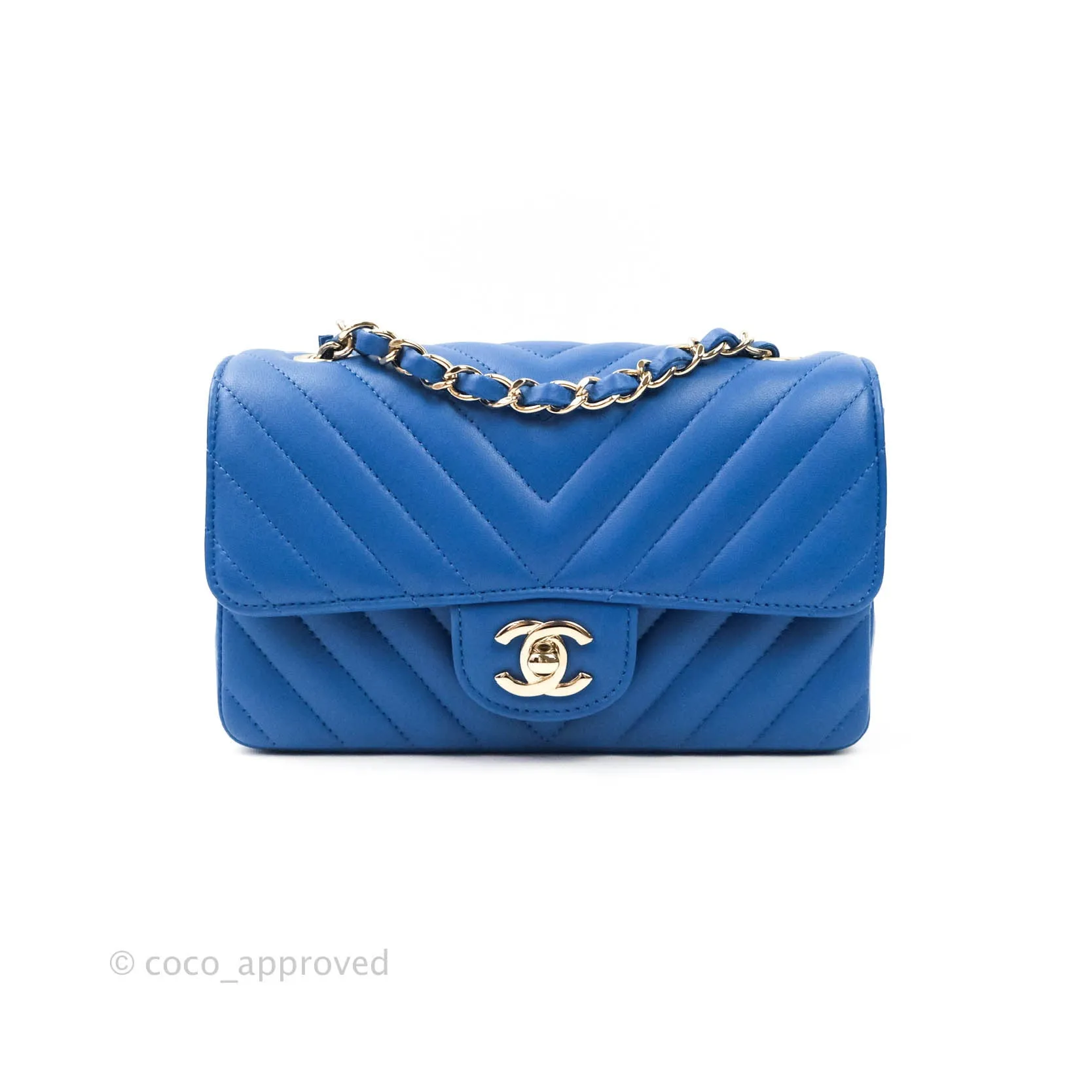 Chanel Chevron Mini Rectangular Lambskin Flap Blue Gold Hardware