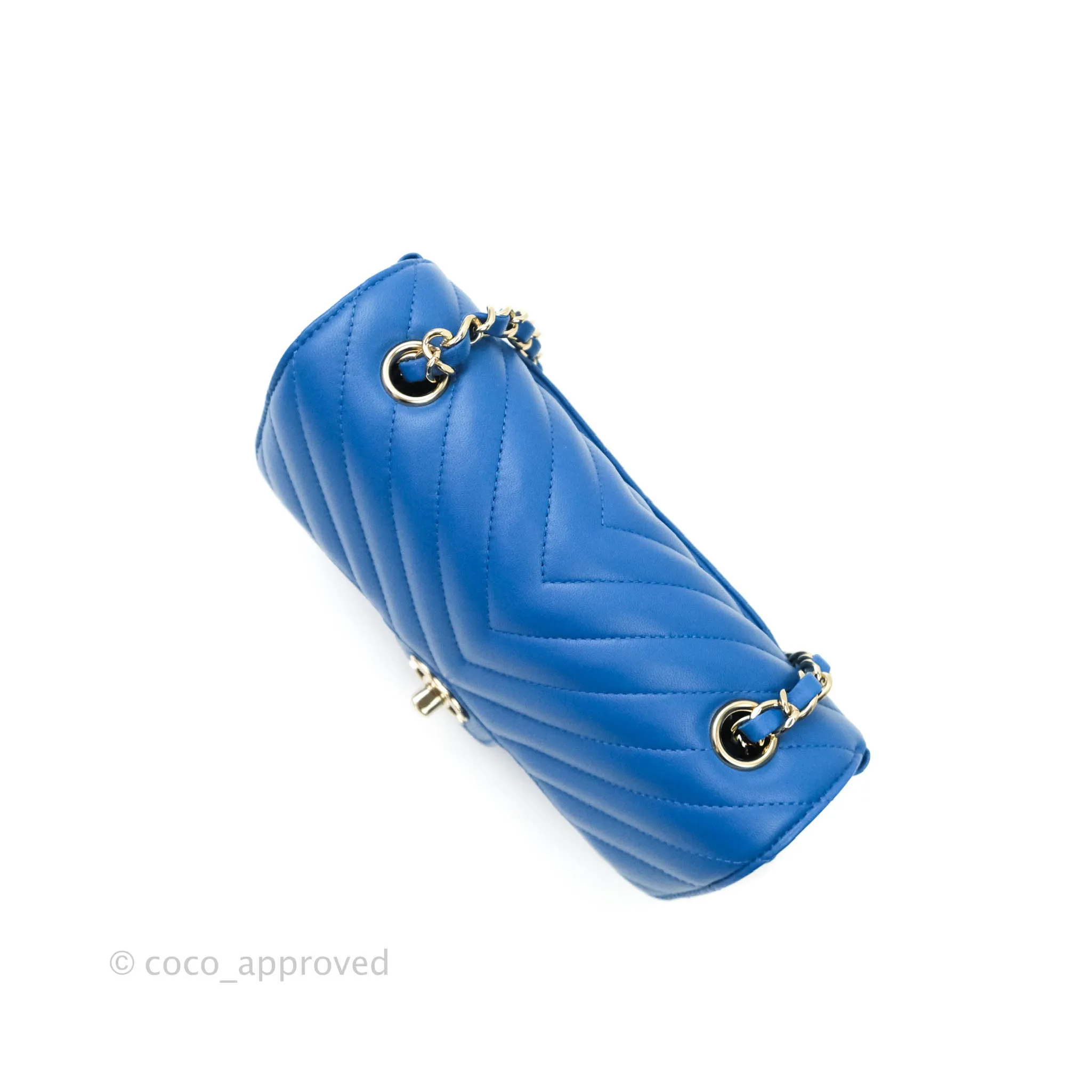 Chanel Chevron Mini Rectangular Lambskin Flap Blue Gold Hardware