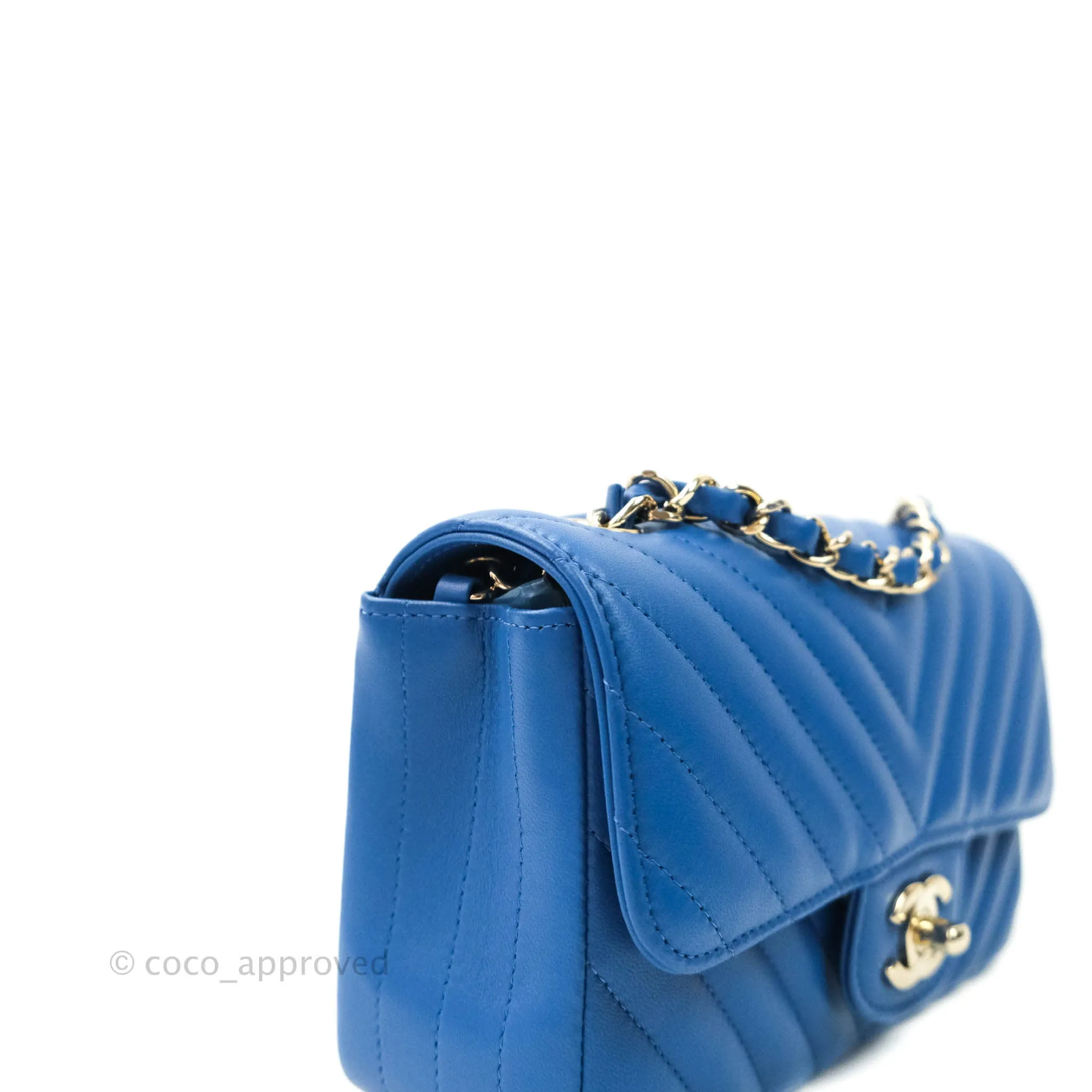 Chanel Chevron Mini Rectangular Lambskin Flap Blue Gold Hardware