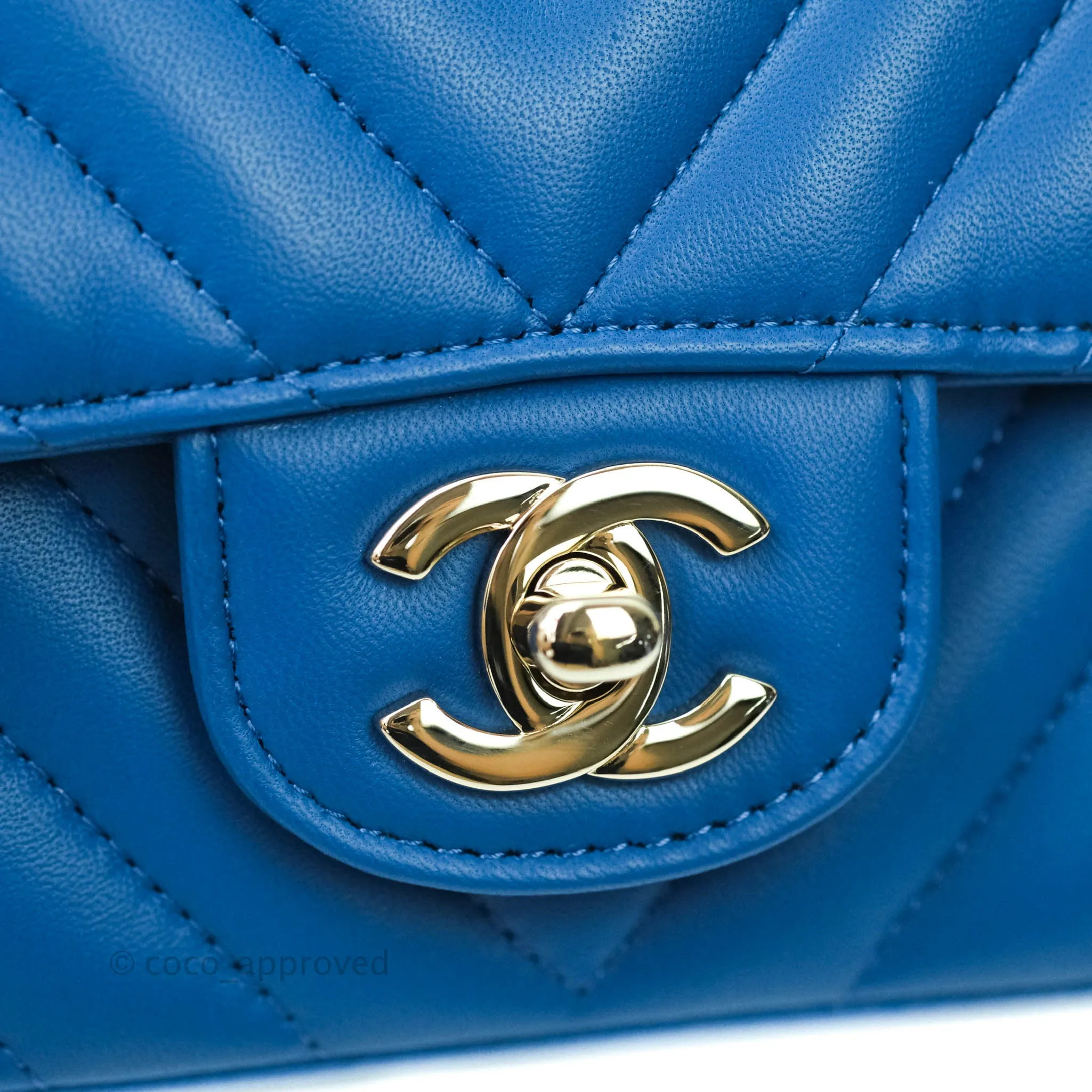 Chanel Chevron Mini Rectangular Lambskin Flap Blue Gold Hardware