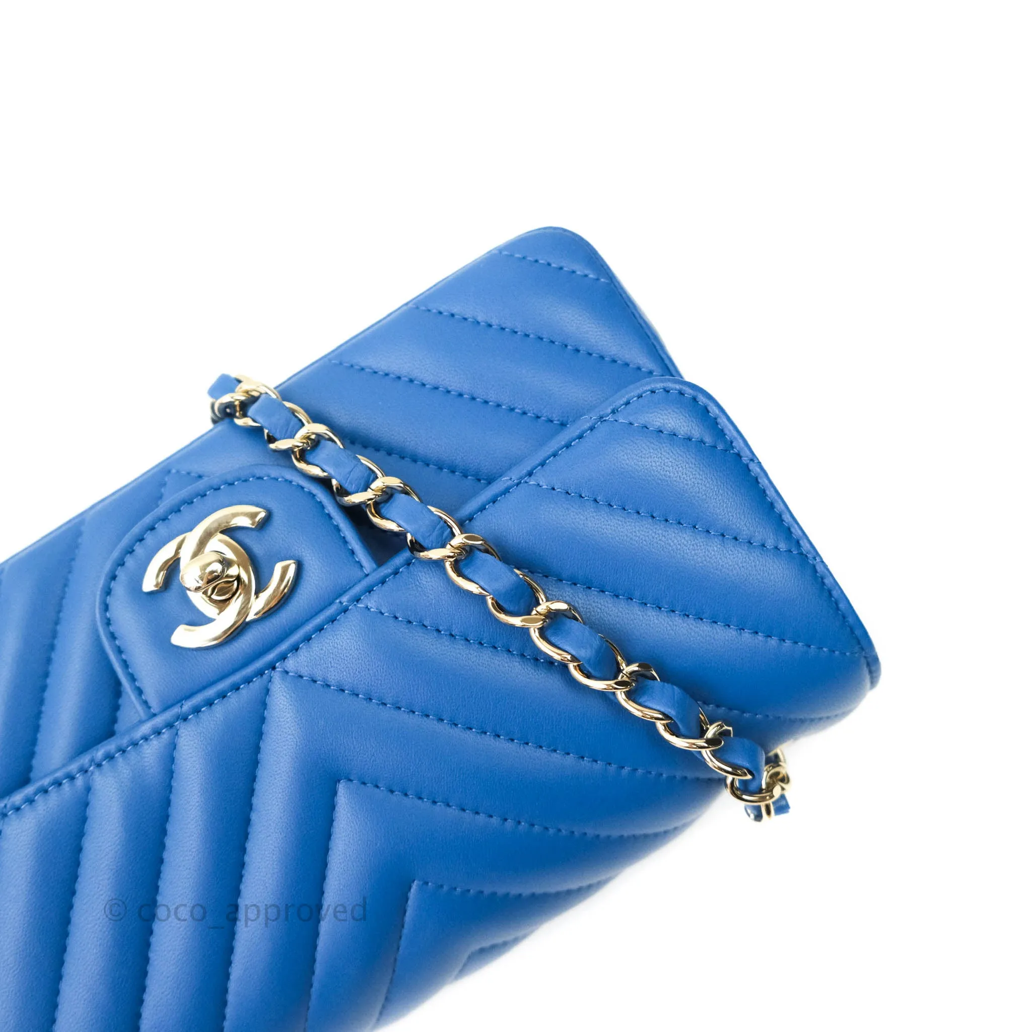 Chanel Chevron Mini Rectangular Lambskin Flap Blue Gold Hardware