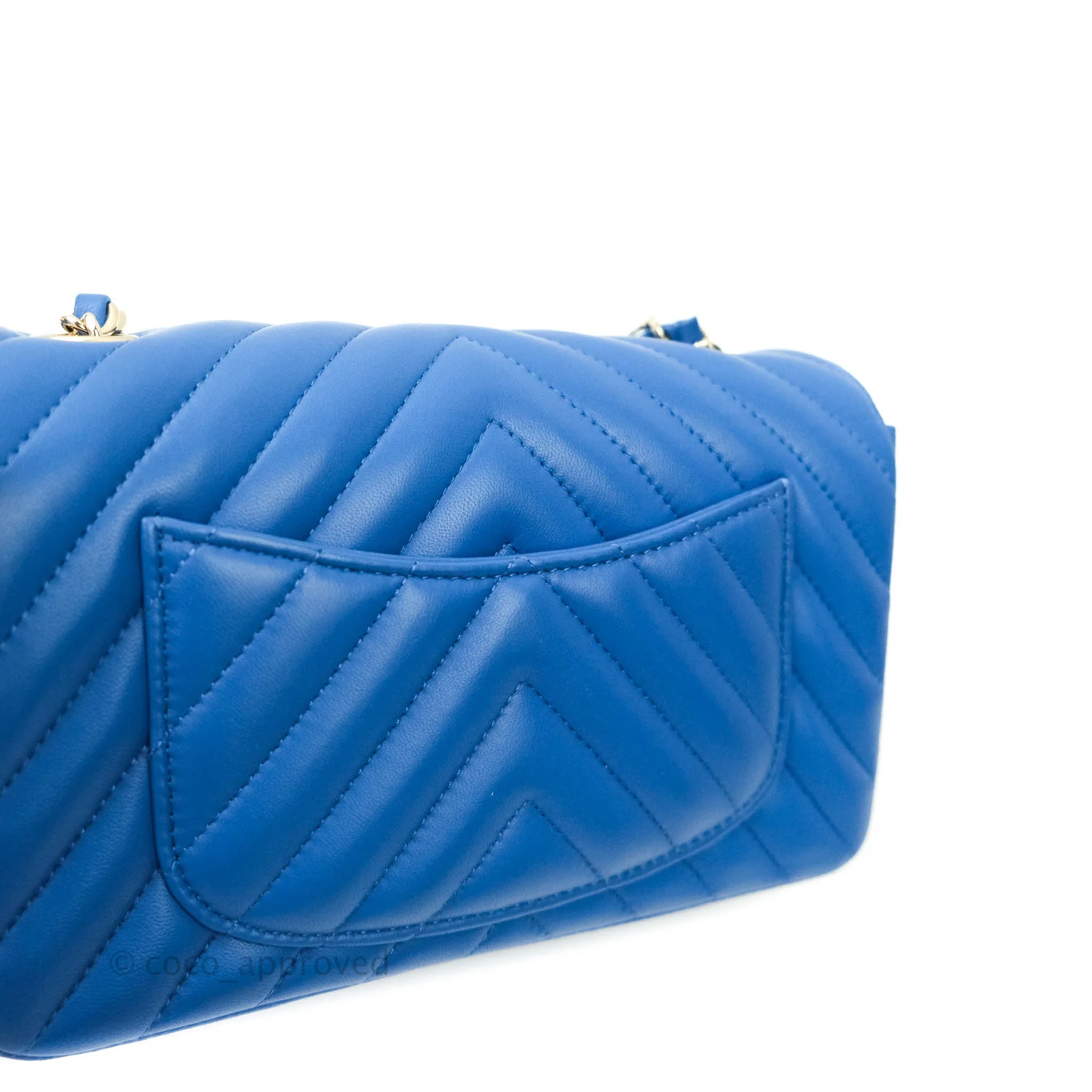 Chanel Chevron Mini Rectangular Lambskin Flap Blue Gold Hardware