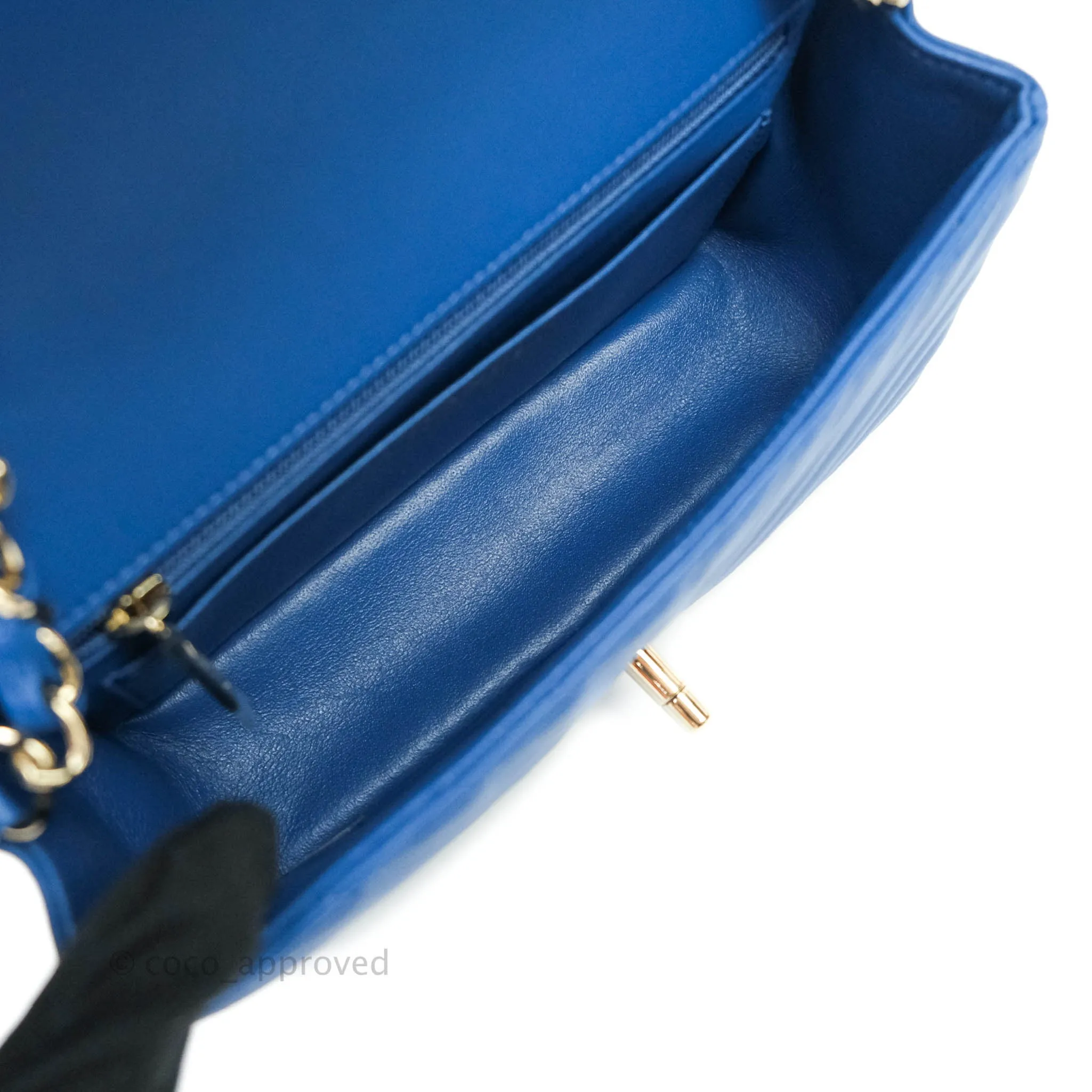 Chanel Chevron Mini Rectangular Lambskin Flap Blue Gold Hardware