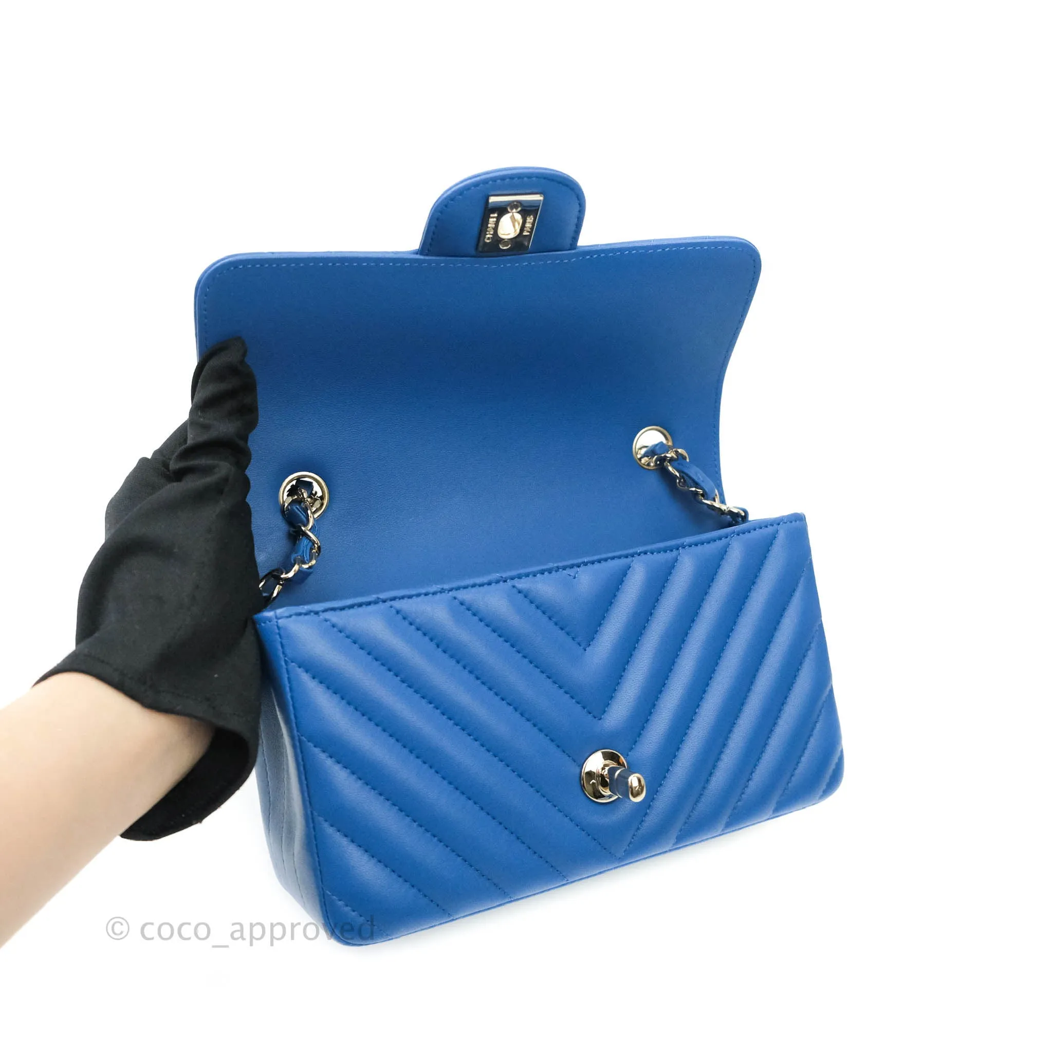 Chanel Chevron Mini Rectangular Lambskin Flap Blue Gold Hardware