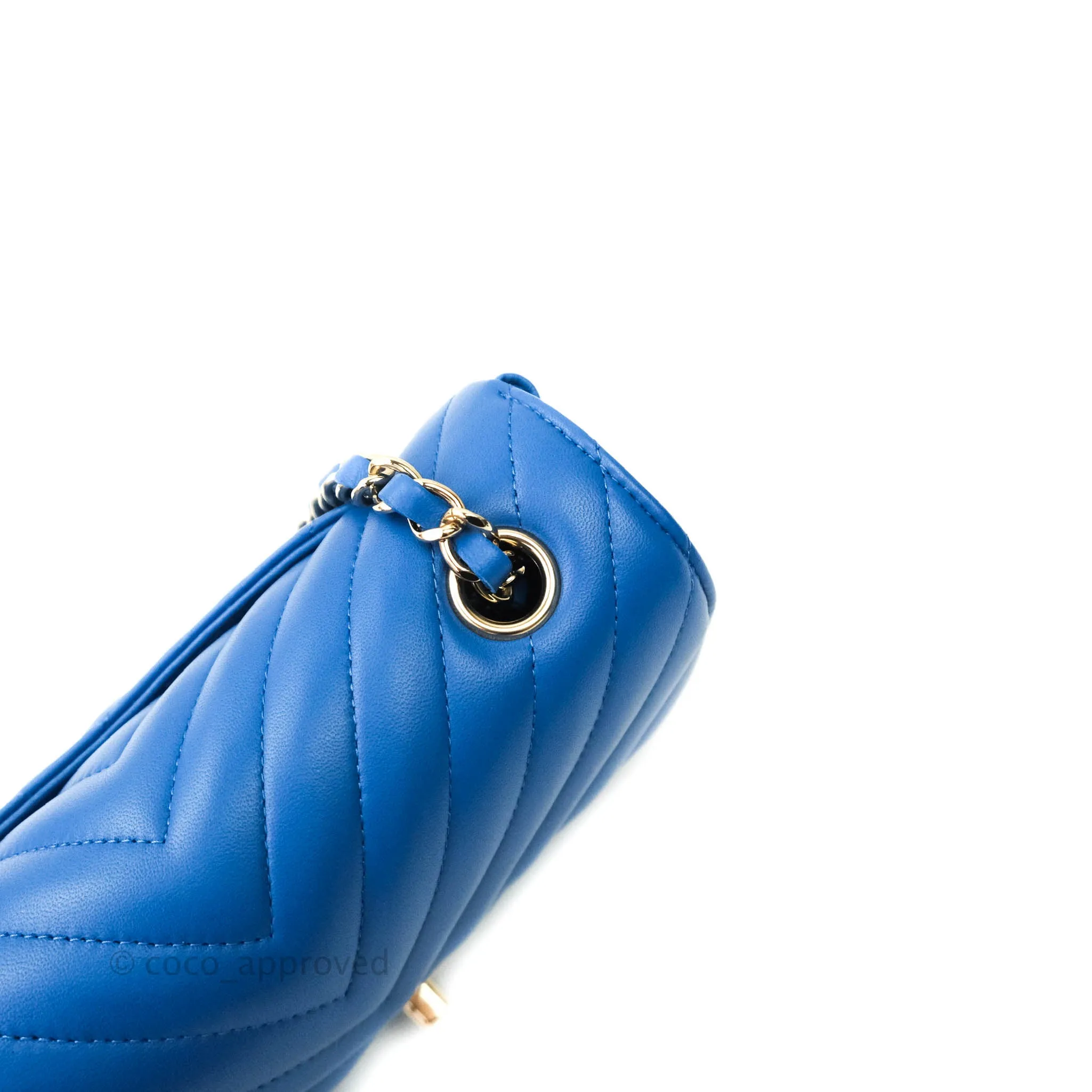 Chanel Chevron Mini Rectangular Lambskin Flap Blue Gold Hardware