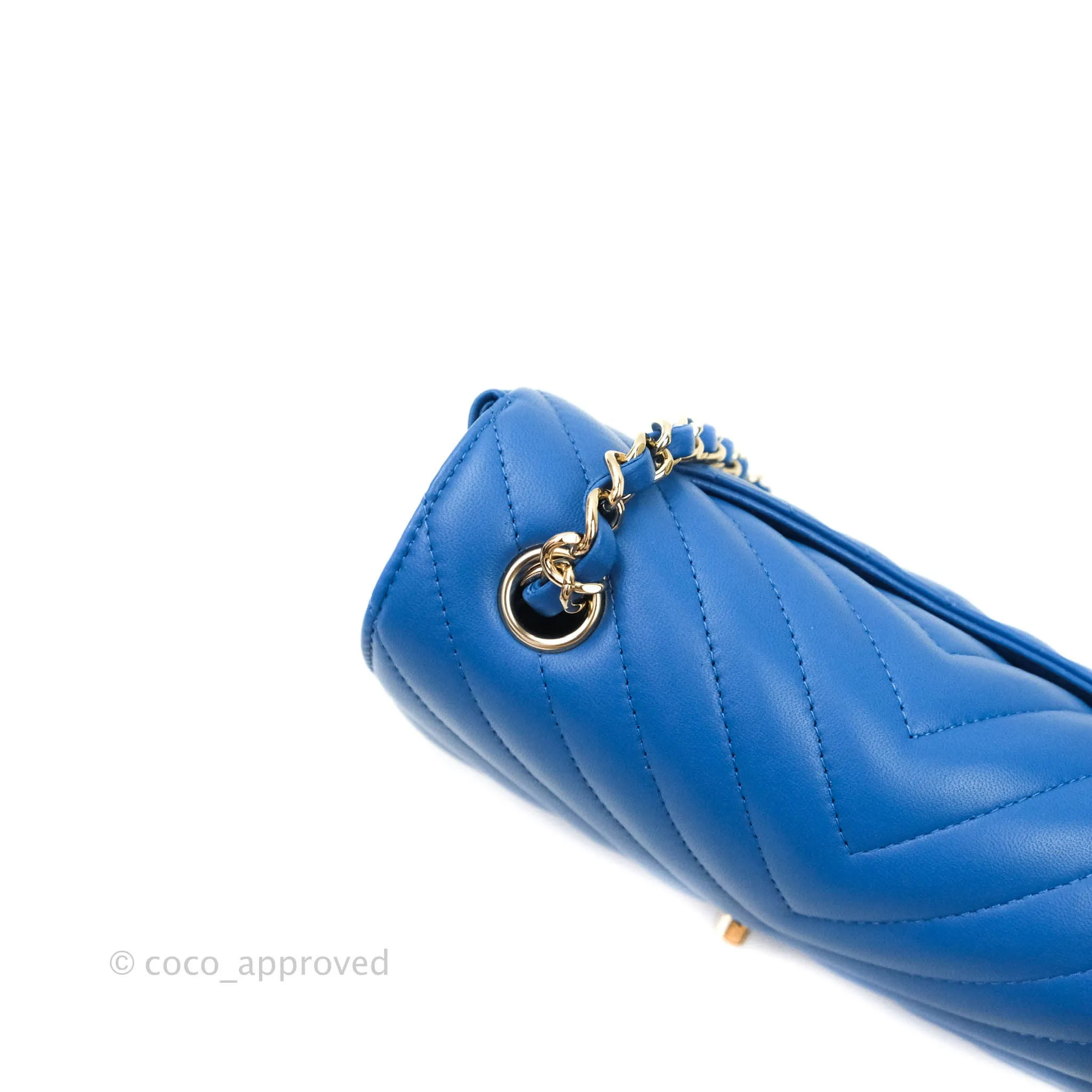 Chanel Chevron Mini Rectangular Lambskin Flap Blue Gold Hardware