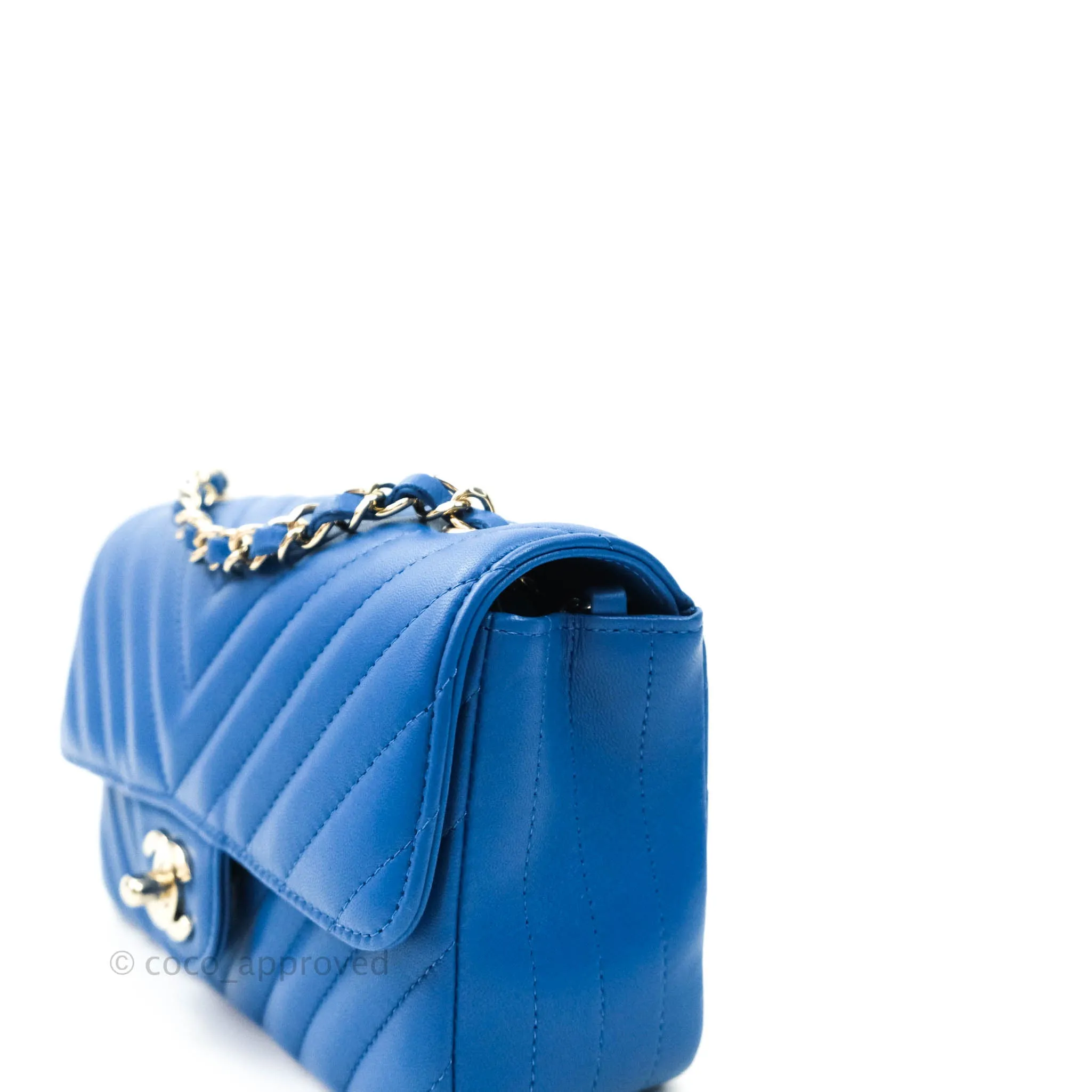 Chanel Chevron Mini Rectangular Lambskin Flap Blue Gold Hardware