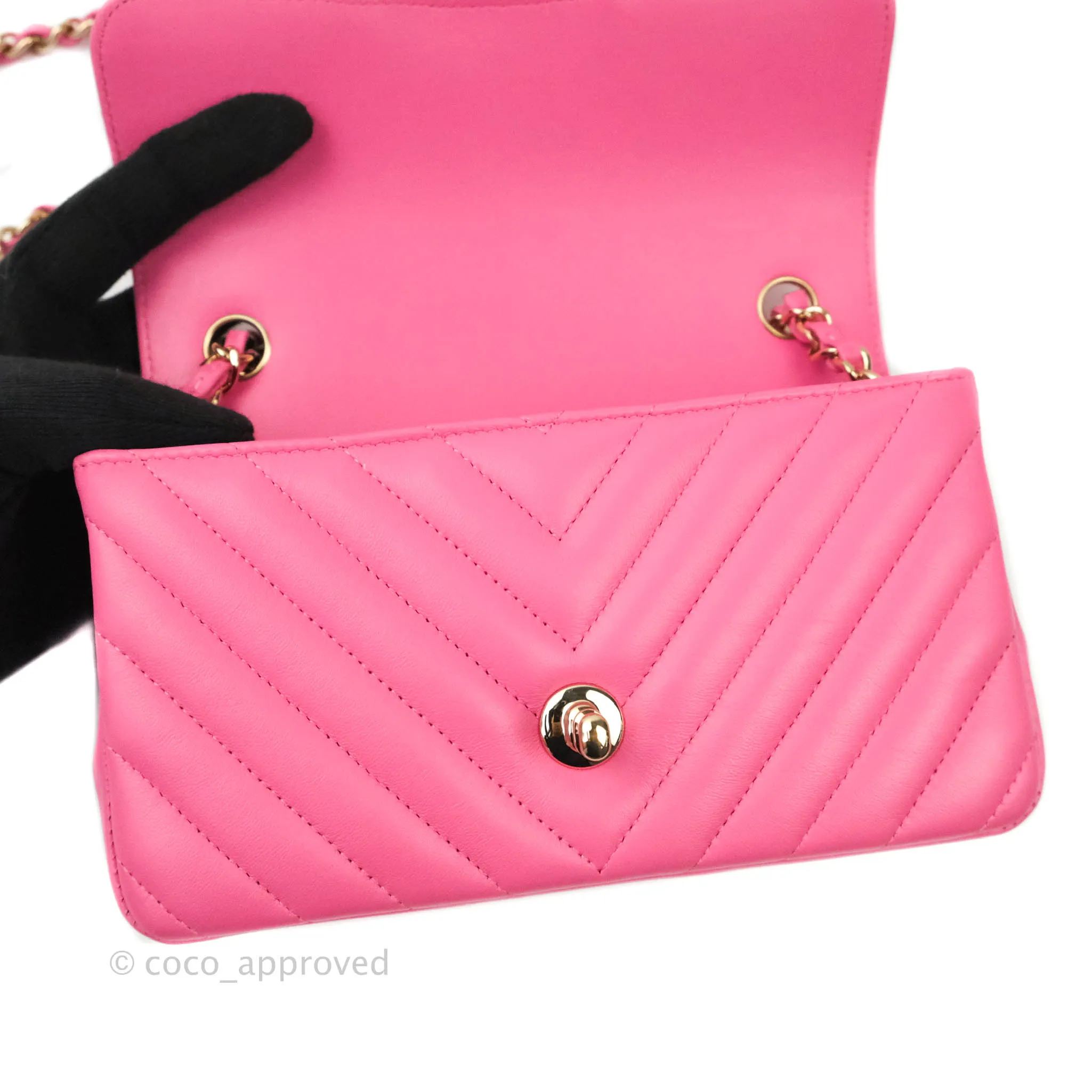 Chanel Chevron Mini Rectangular Lambskin Flap Pink Gold Hardware