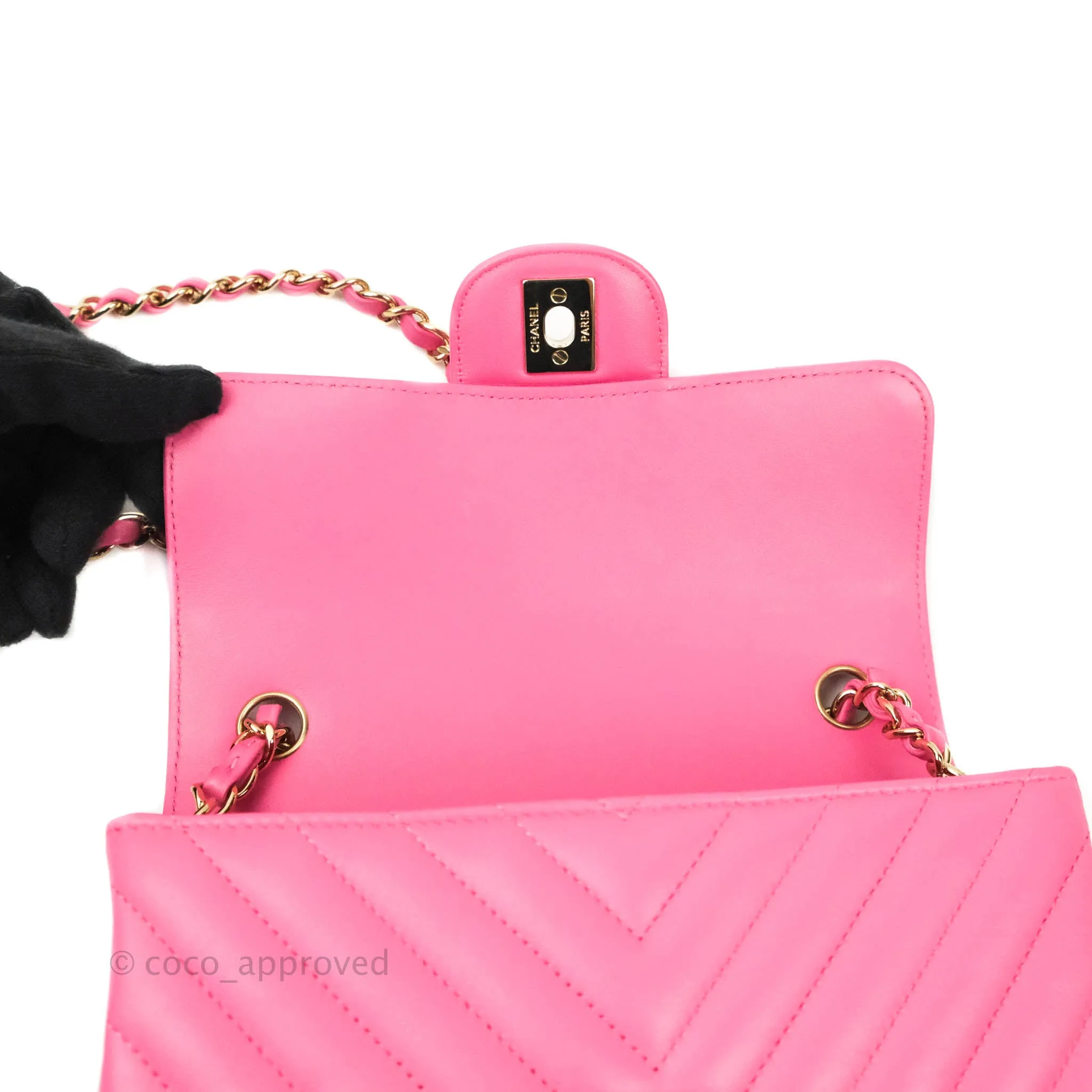 Chanel Chevron Mini Rectangular Lambskin Flap Pink Gold Hardware