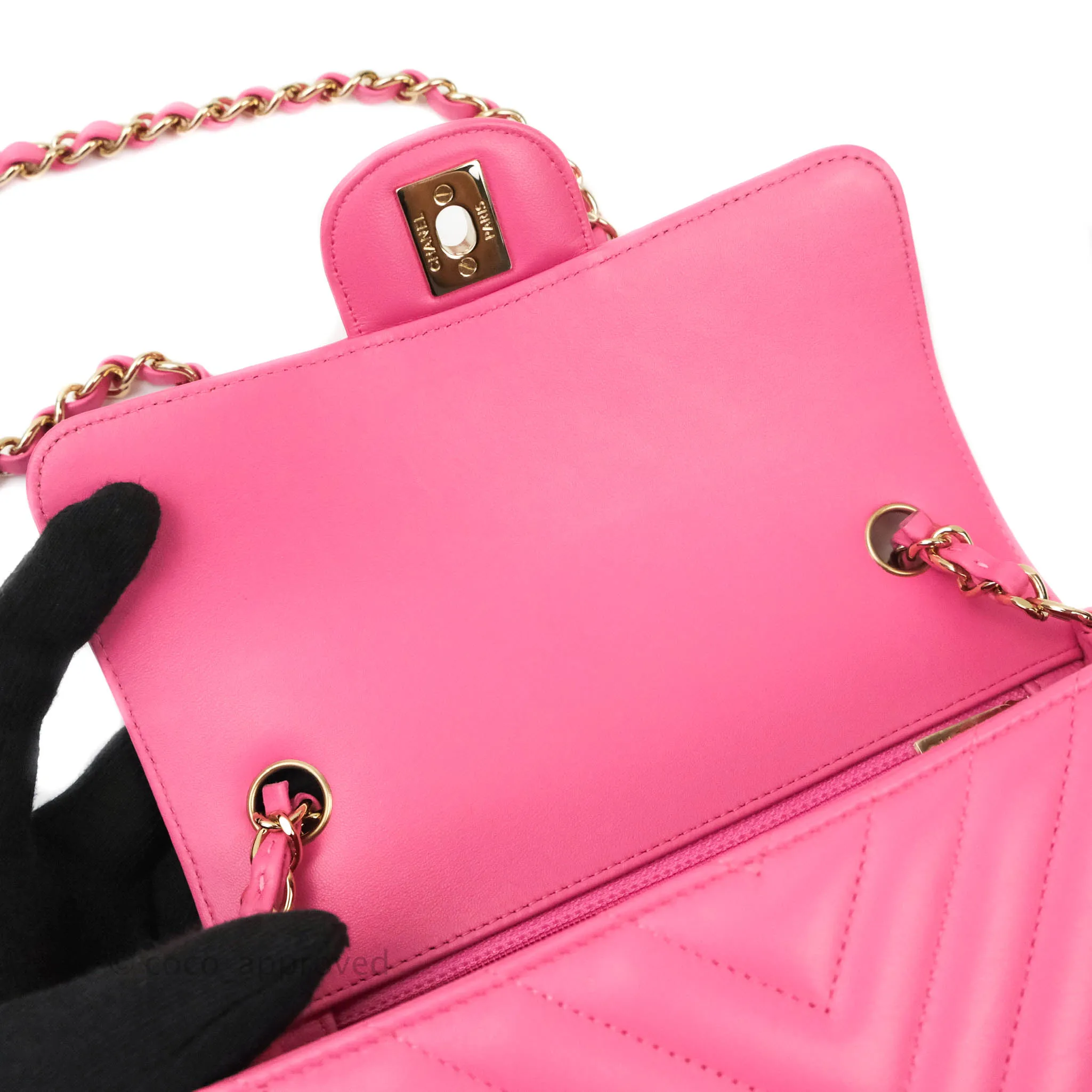 Chanel Chevron Mini Rectangular Lambskin Flap Pink Gold Hardware