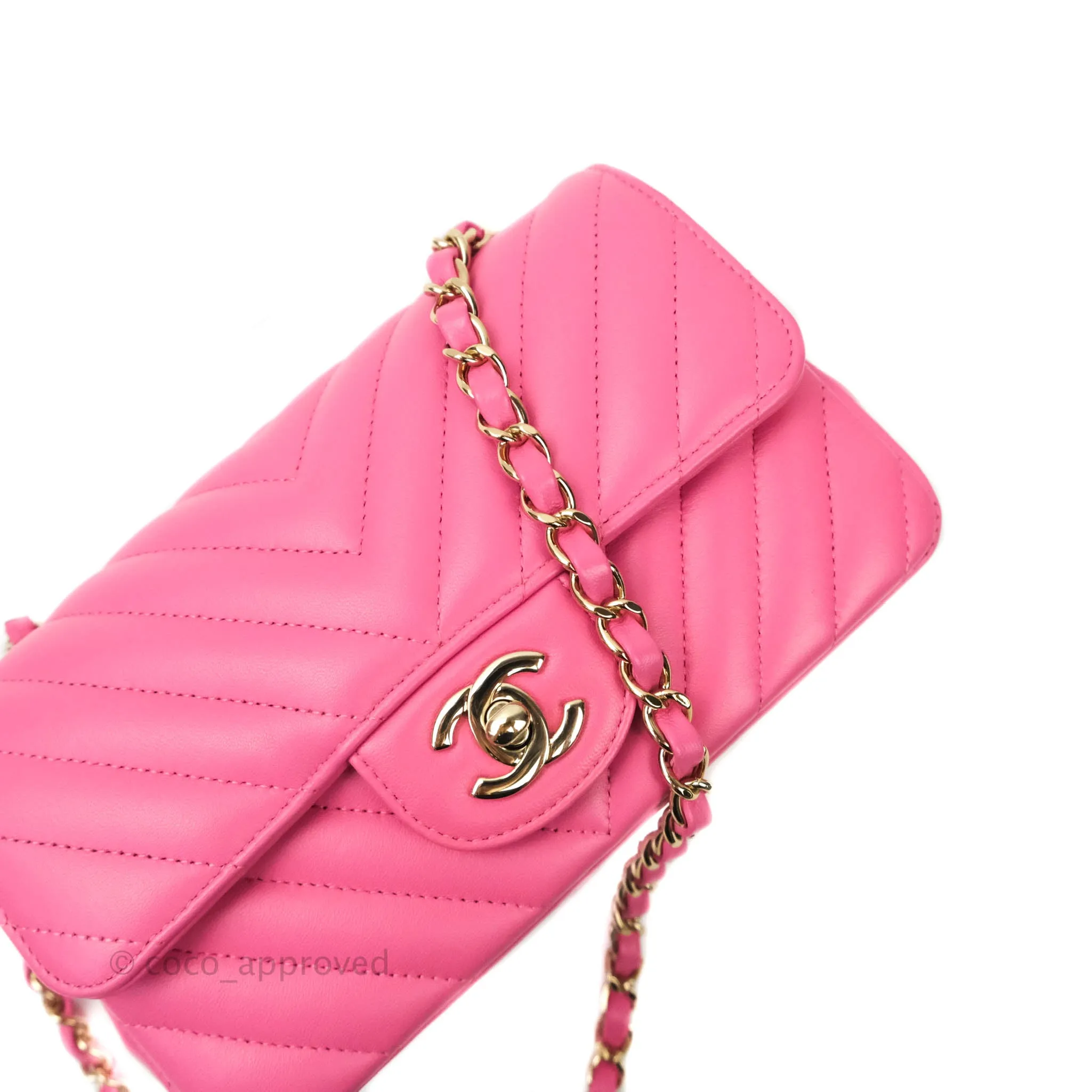 Chanel Chevron Mini Rectangular Lambskin Flap Pink Gold Hardware