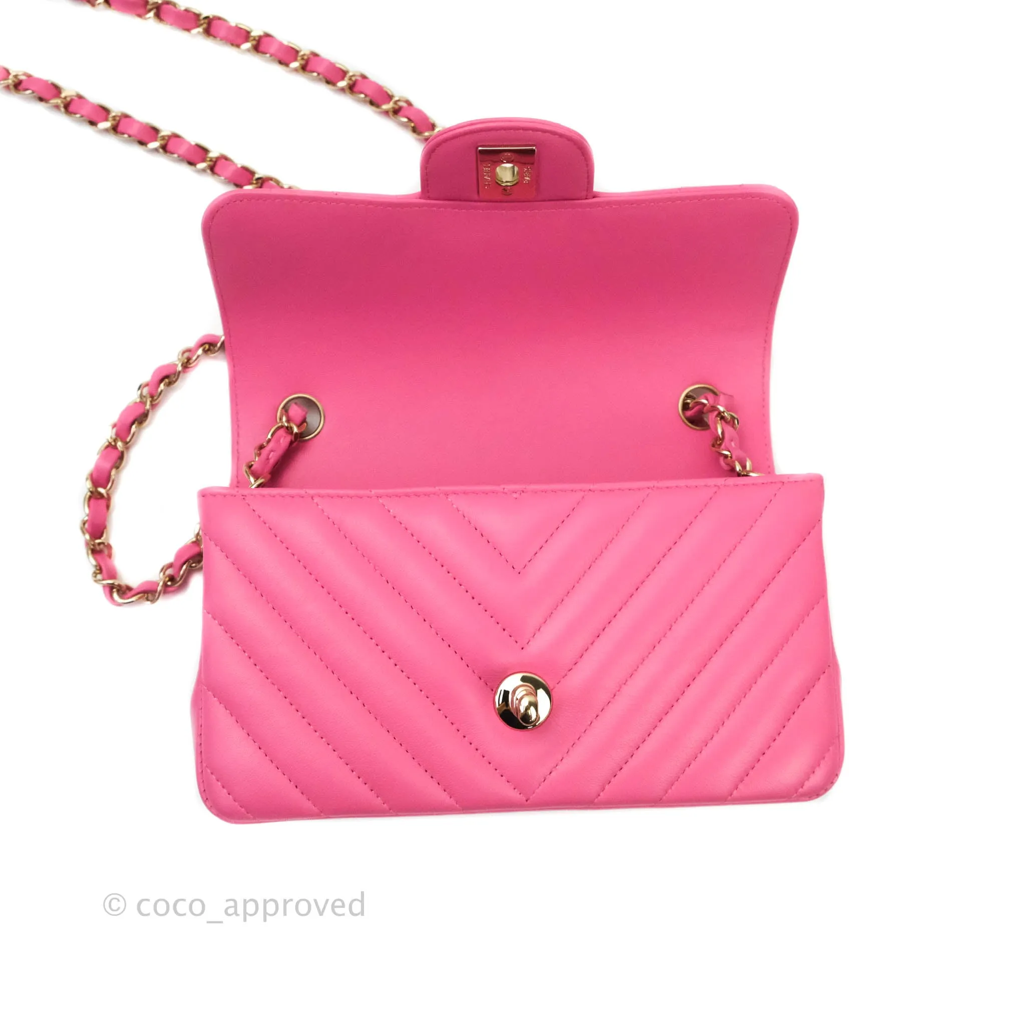 Chanel Chevron Mini Rectangular Lambskin Flap Pink Gold Hardware