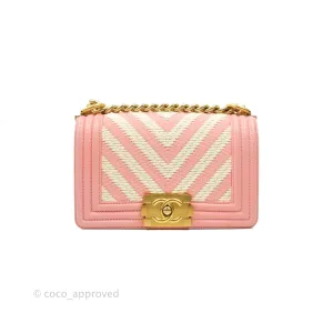 Chanel Chevron Small Boy Fabric Pink & White Aged Gold Hardware