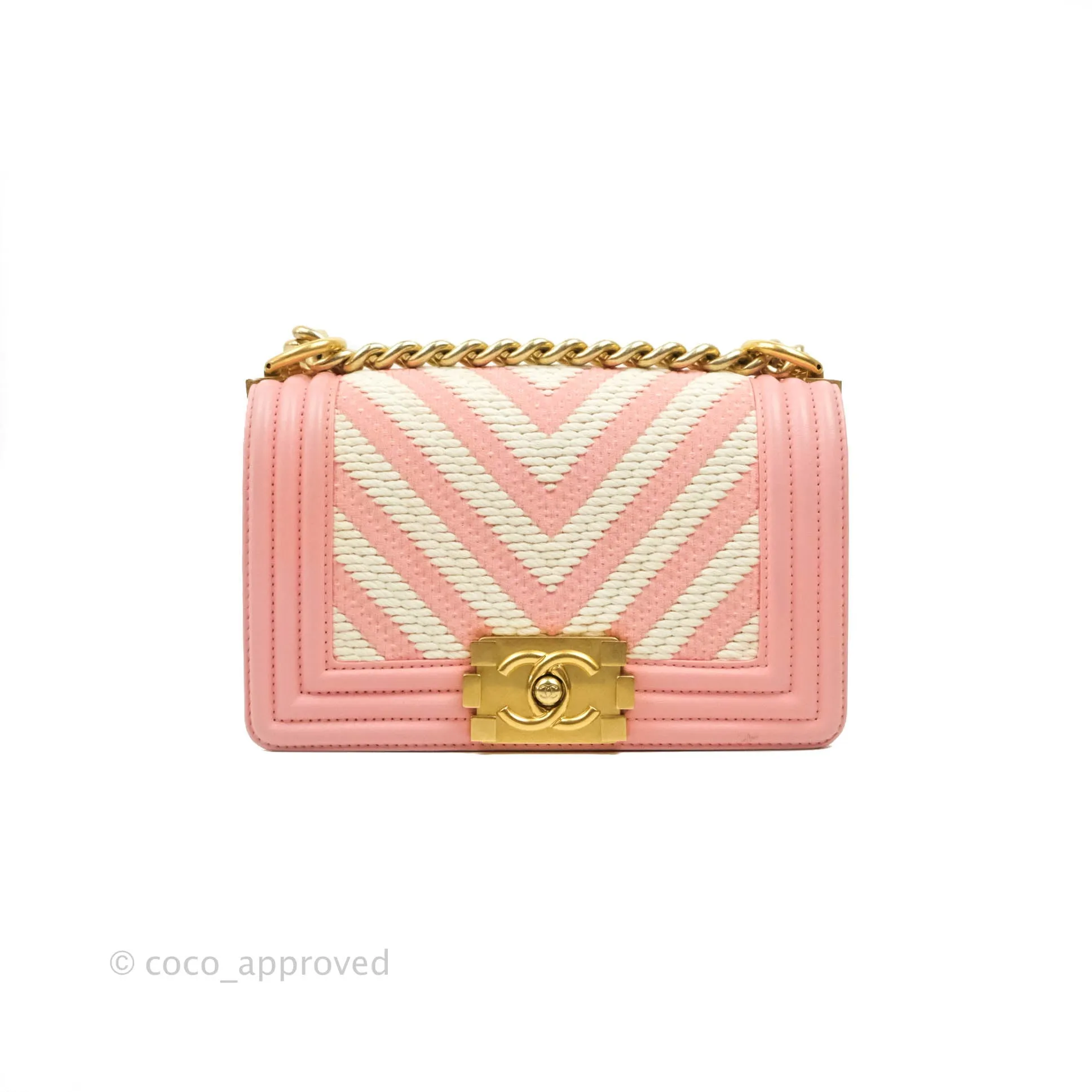 Chanel Chevron Small Boy Fabric Pink & White Aged Gold Hardware