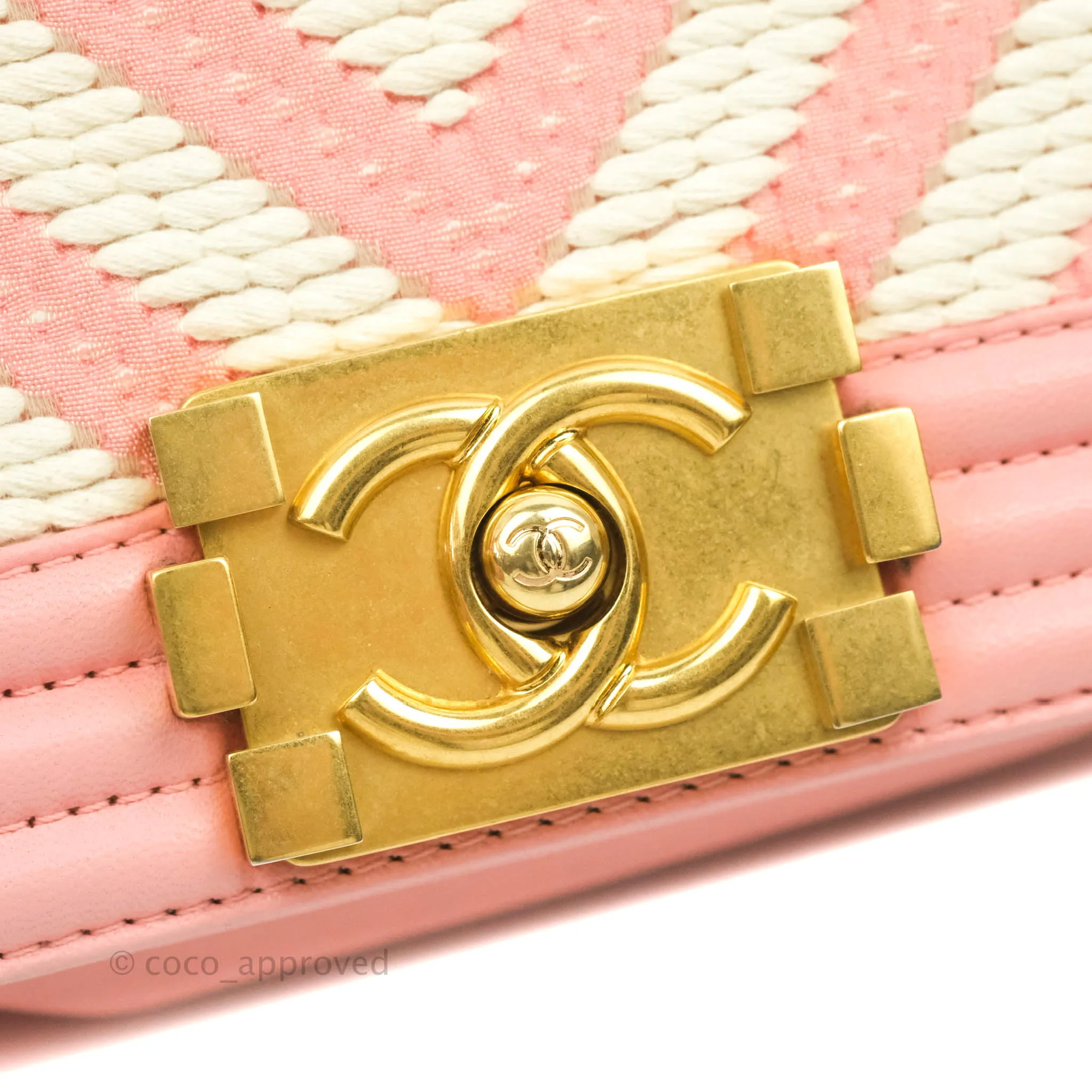 Chanel Chevron Small Boy Fabric Pink & White Aged Gold Hardware