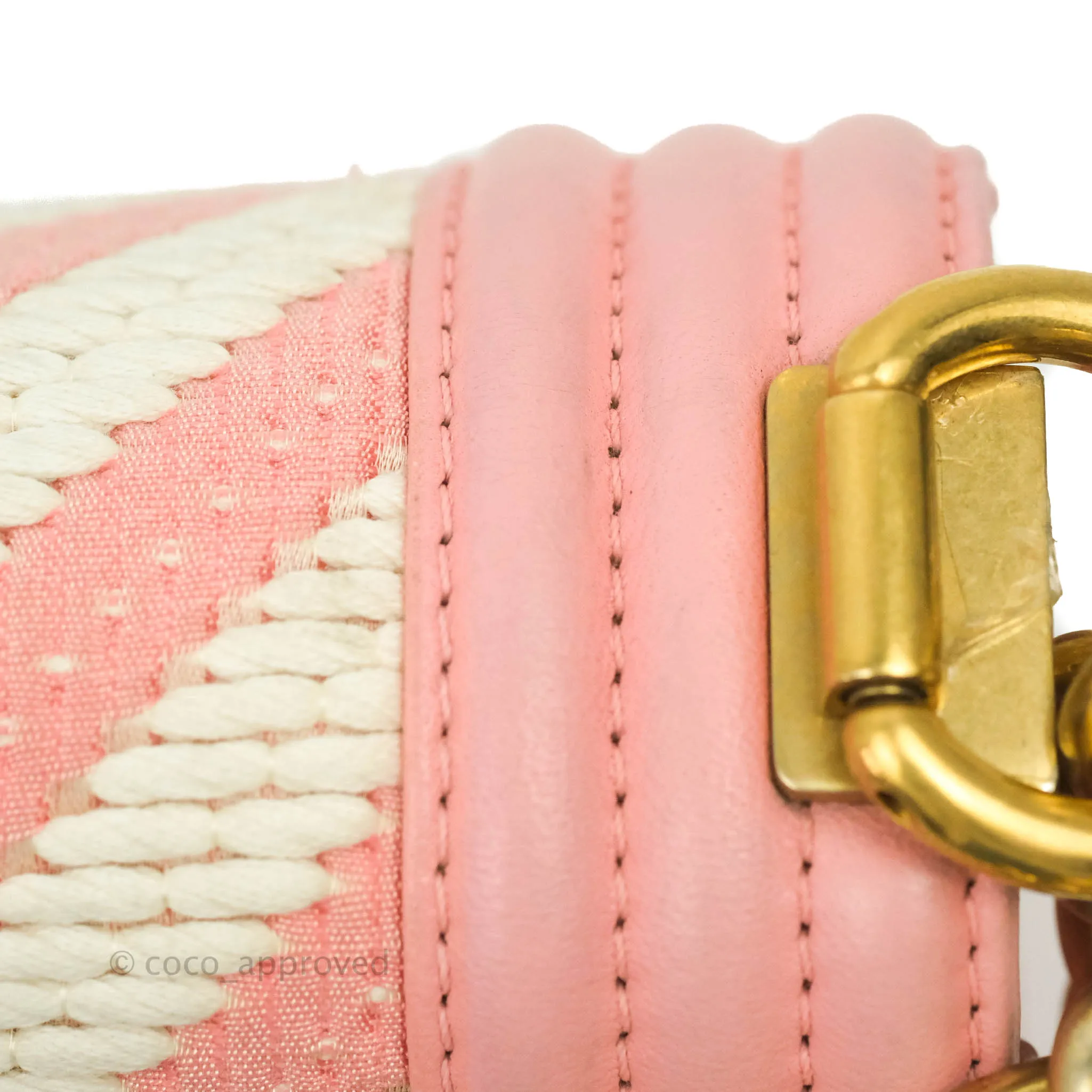 Chanel Chevron Small Boy Fabric Pink & White Aged Gold Hardware