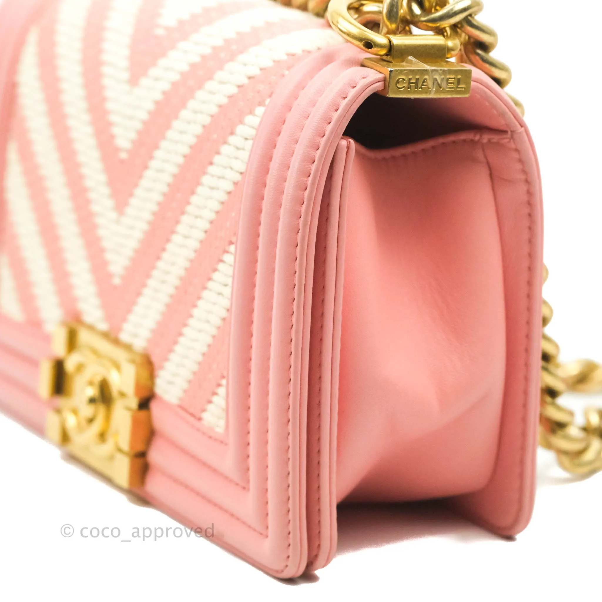 Chanel Chevron Small Boy Fabric Pink & White Aged Gold Hardware