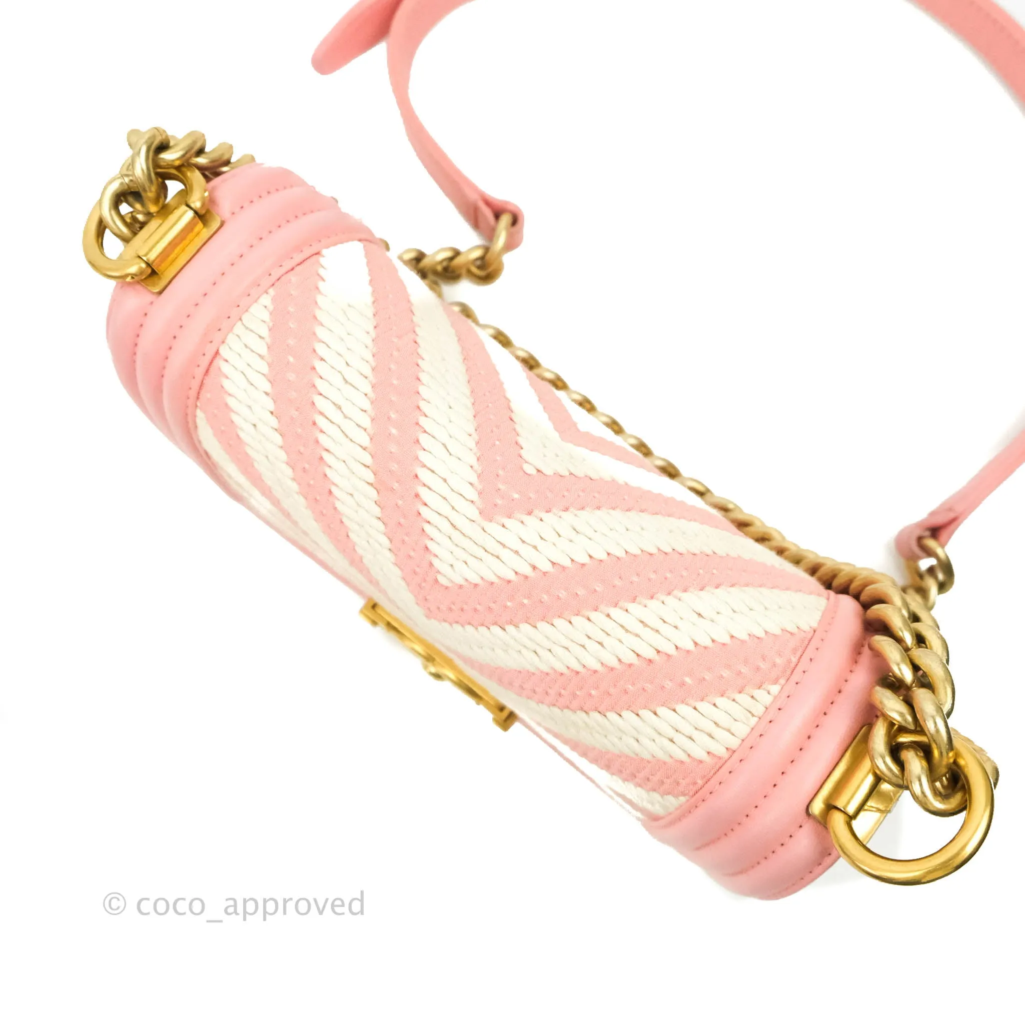 Chanel Chevron Small Boy Fabric Pink & White Aged Gold Hardware