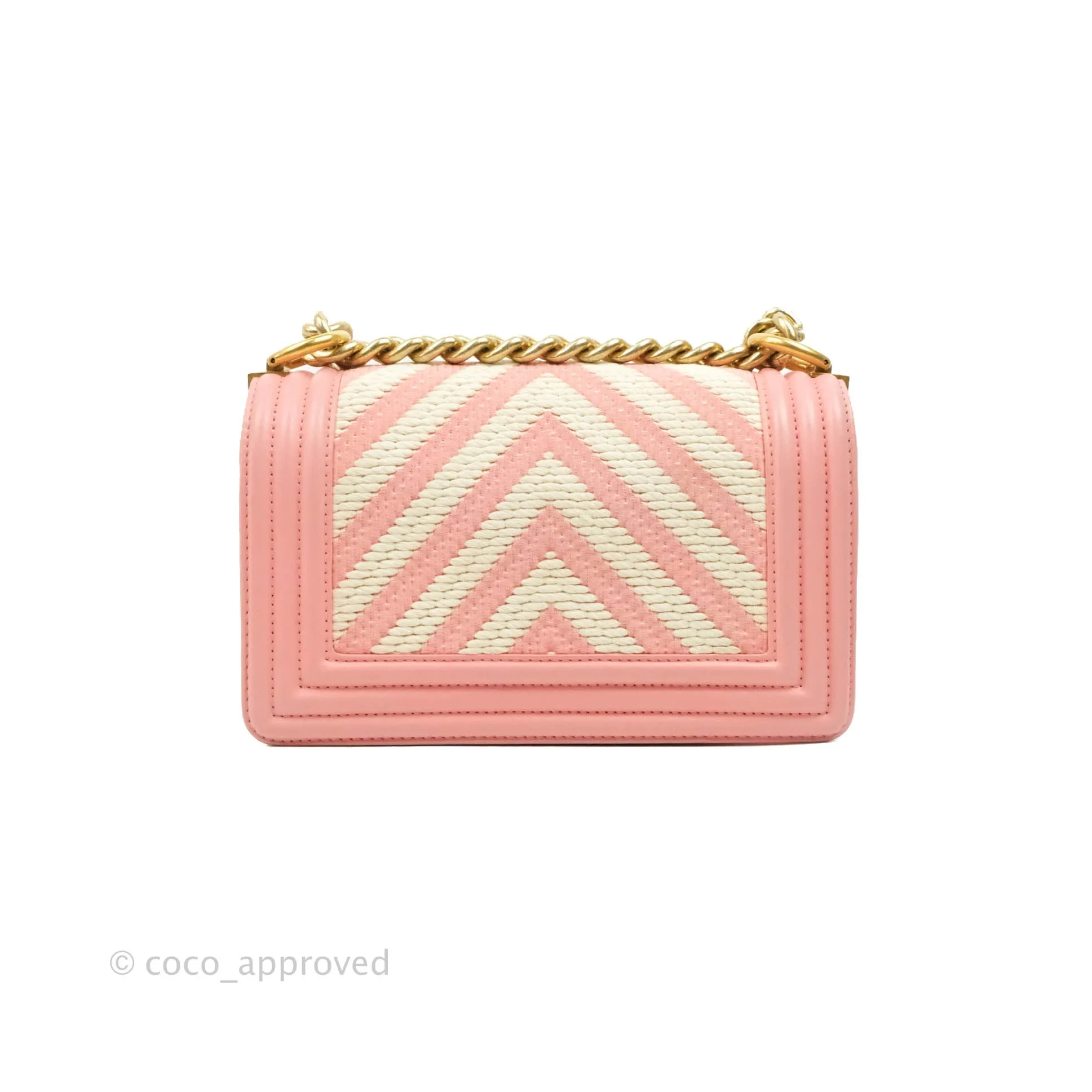 Chanel Chevron Small Boy Fabric Pink & White Aged Gold Hardware