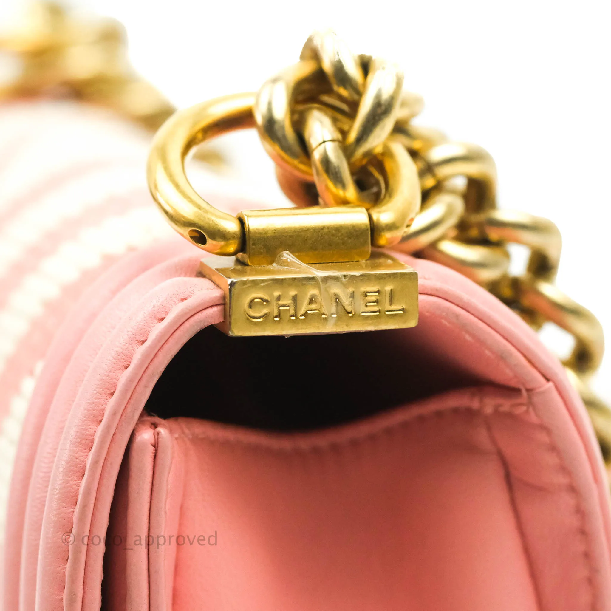 Chanel Chevron Small Boy Fabric Pink & White Aged Gold Hardware