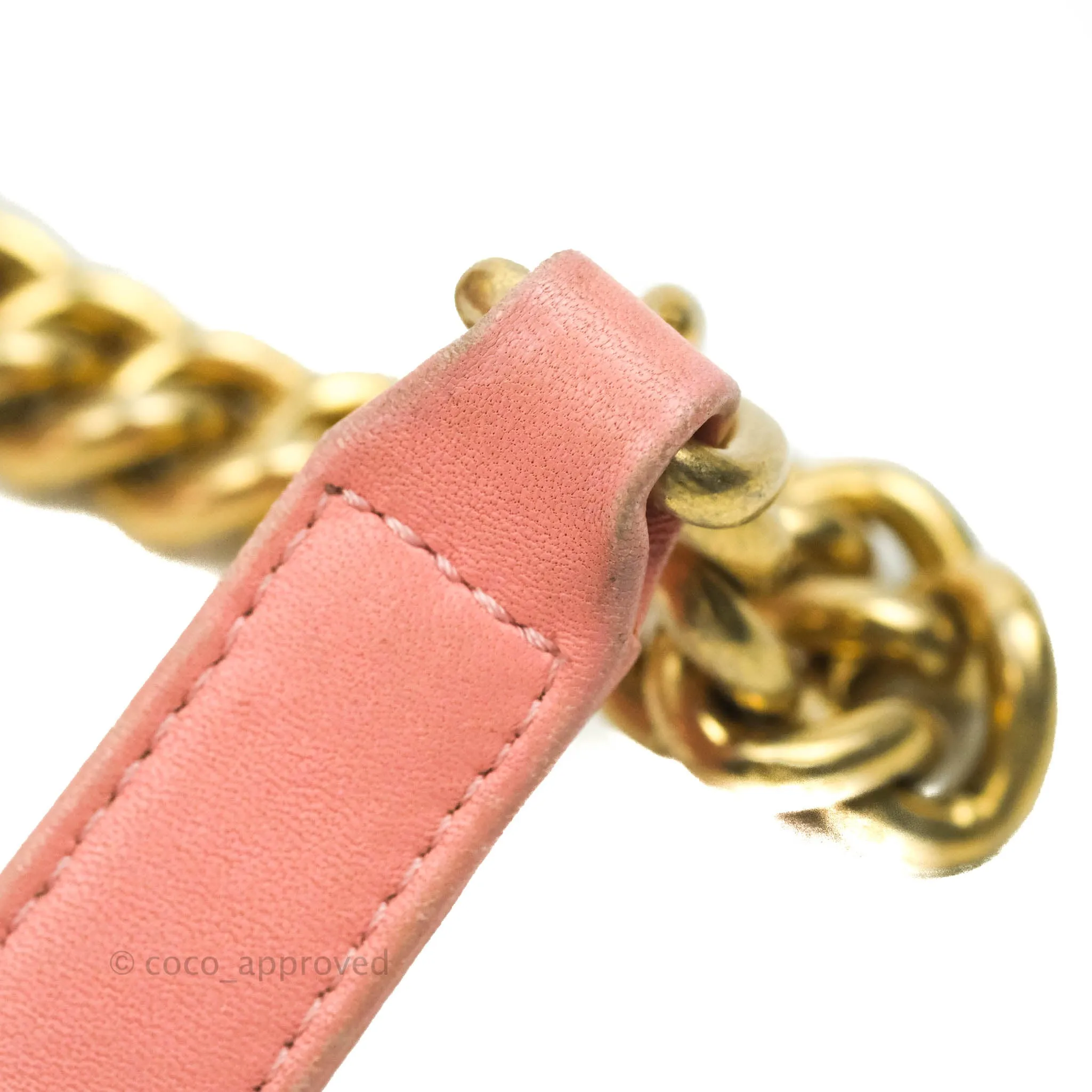 Chanel Chevron Small Boy Fabric Pink & White Aged Gold Hardware