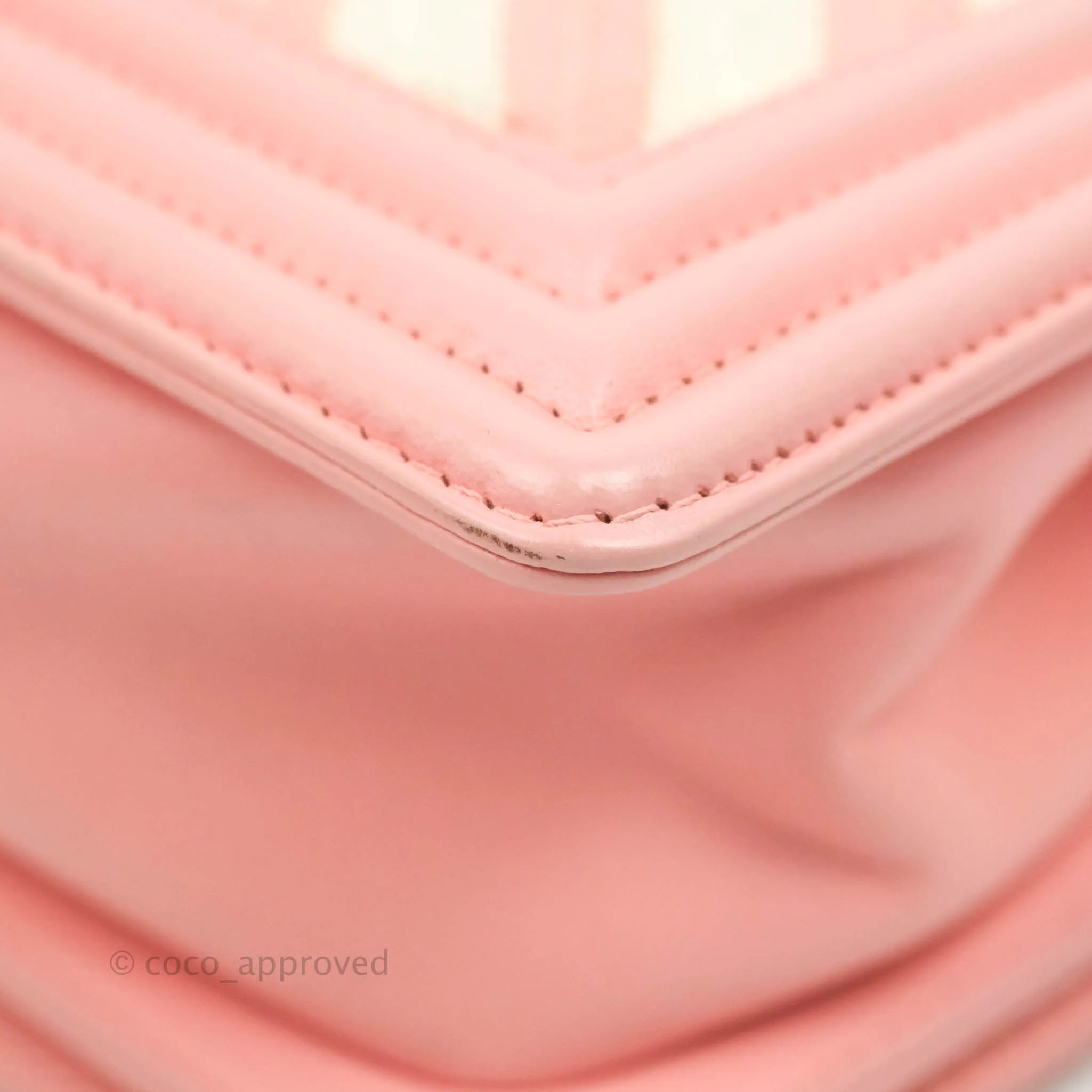 Chanel Chevron Small Boy Fabric Pink & White Aged Gold Hardware
