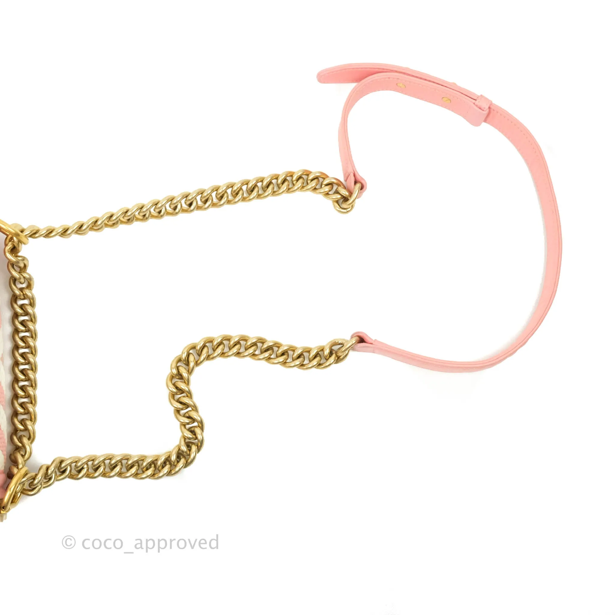 Chanel Chevron Small Boy Fabric Pink & White Aged Gold Hardware