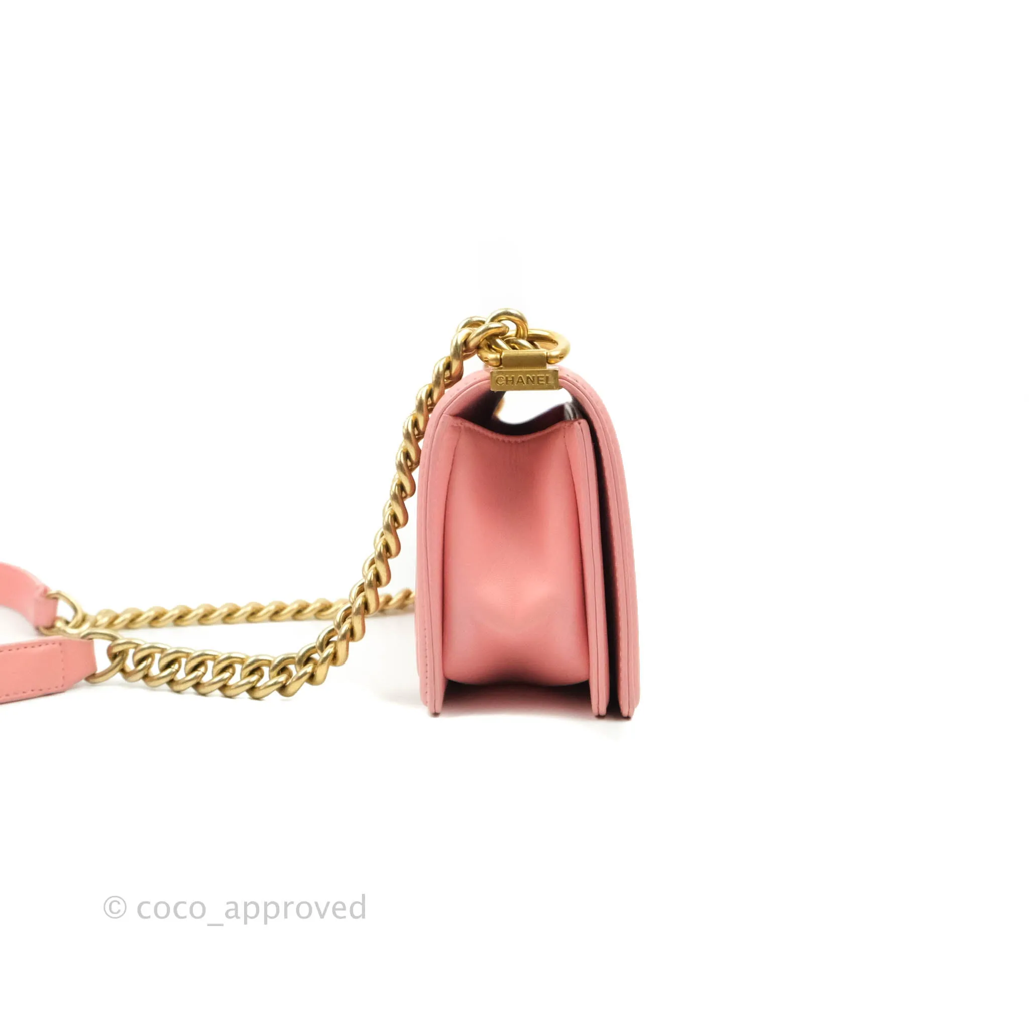 Chanel Chevron Small Boy Fabric Pink & White Aged Gold Hardware