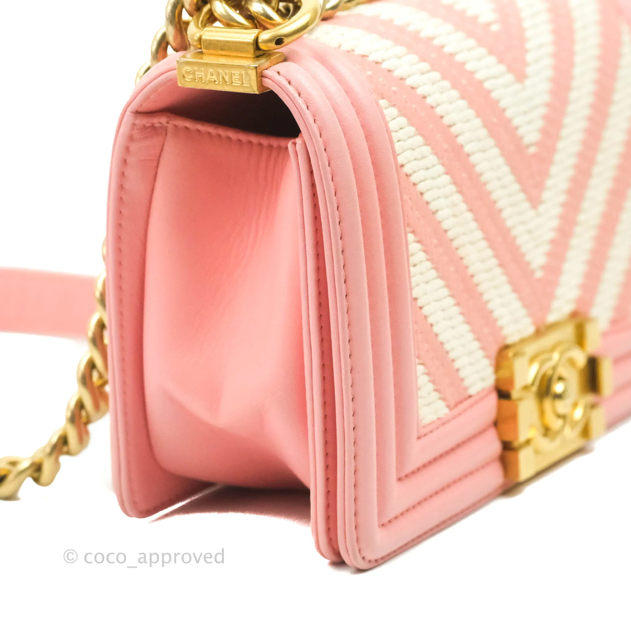 Chanel Chevron Small Boy Fabric Pink & White Aged Gold Hardware
