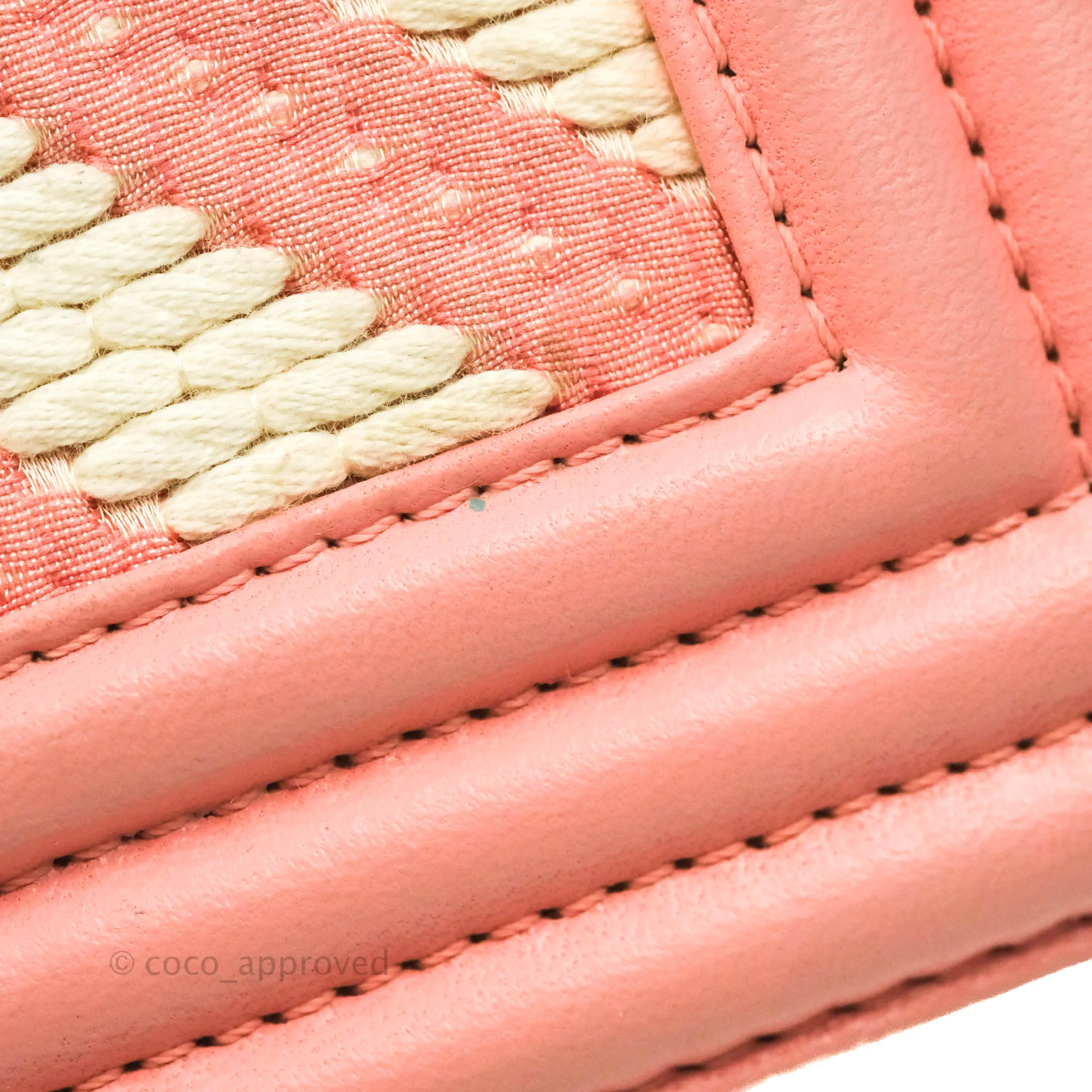 Chanel Chevron Small Boy Fabric Pink & White Aged Gold Hardware