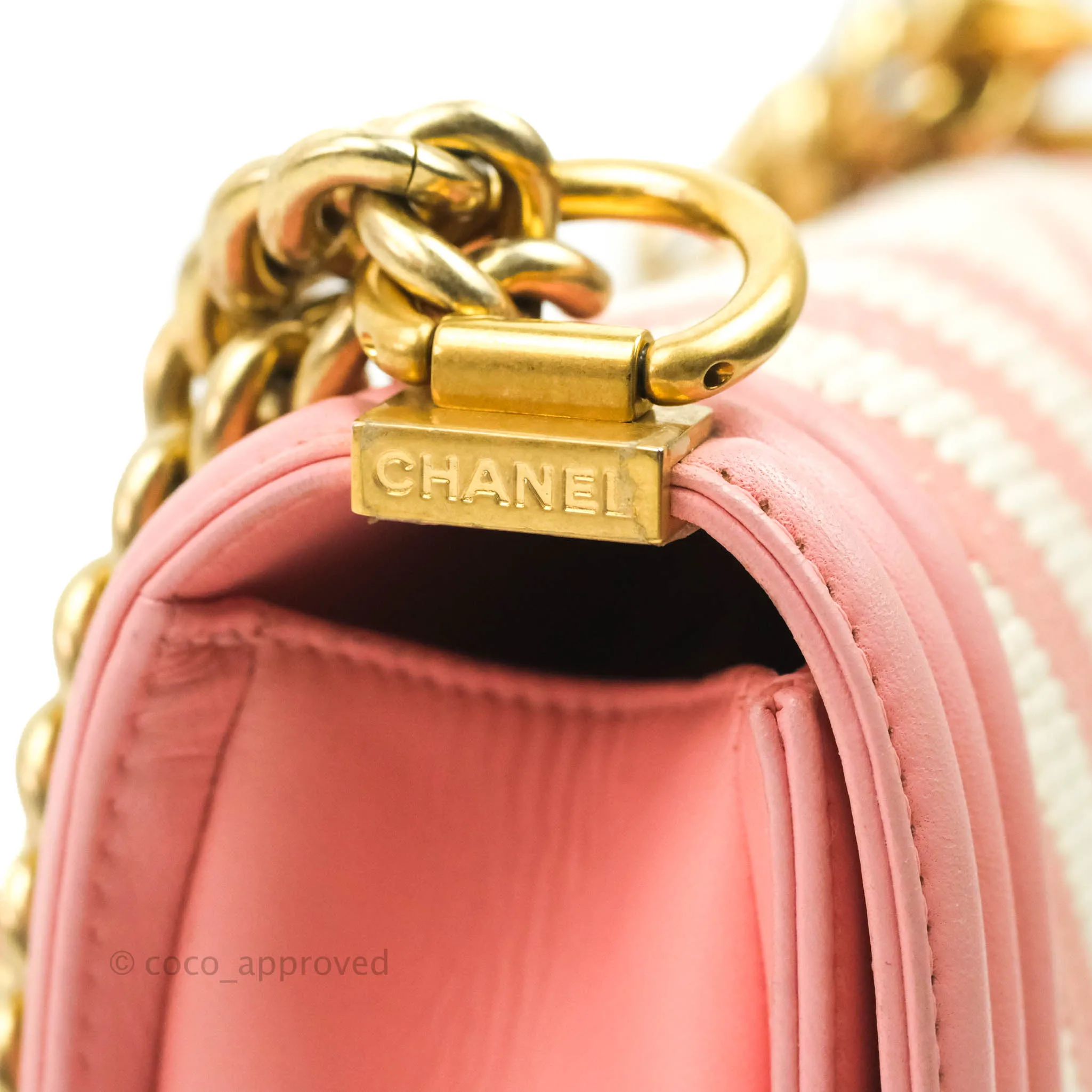 Chanel Chevron Small Boy Fabric Pink & White Aged Gold Hardware