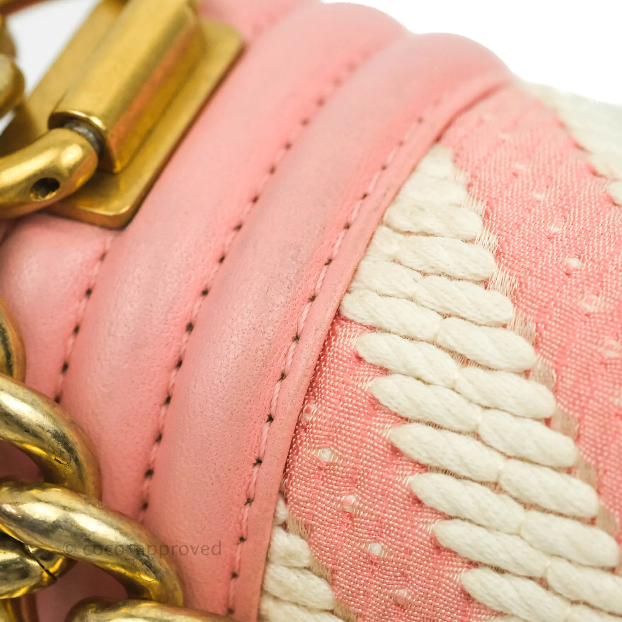 Chanel Chevron Small Boy Fabric Pink & White Aged Gold Hardware