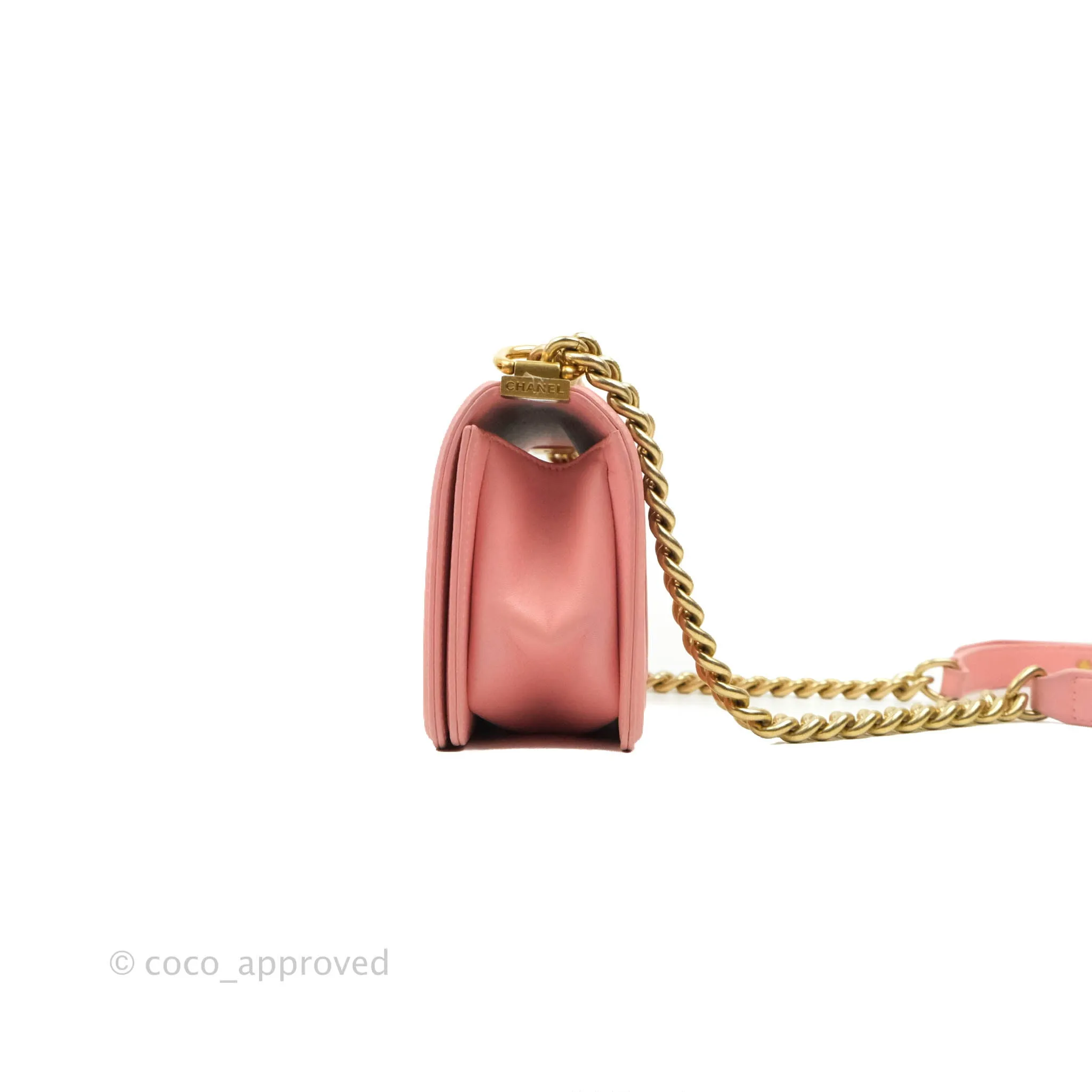 Chanel Chevron Small Boy Fabric Pink & White Aged Gold Hardware