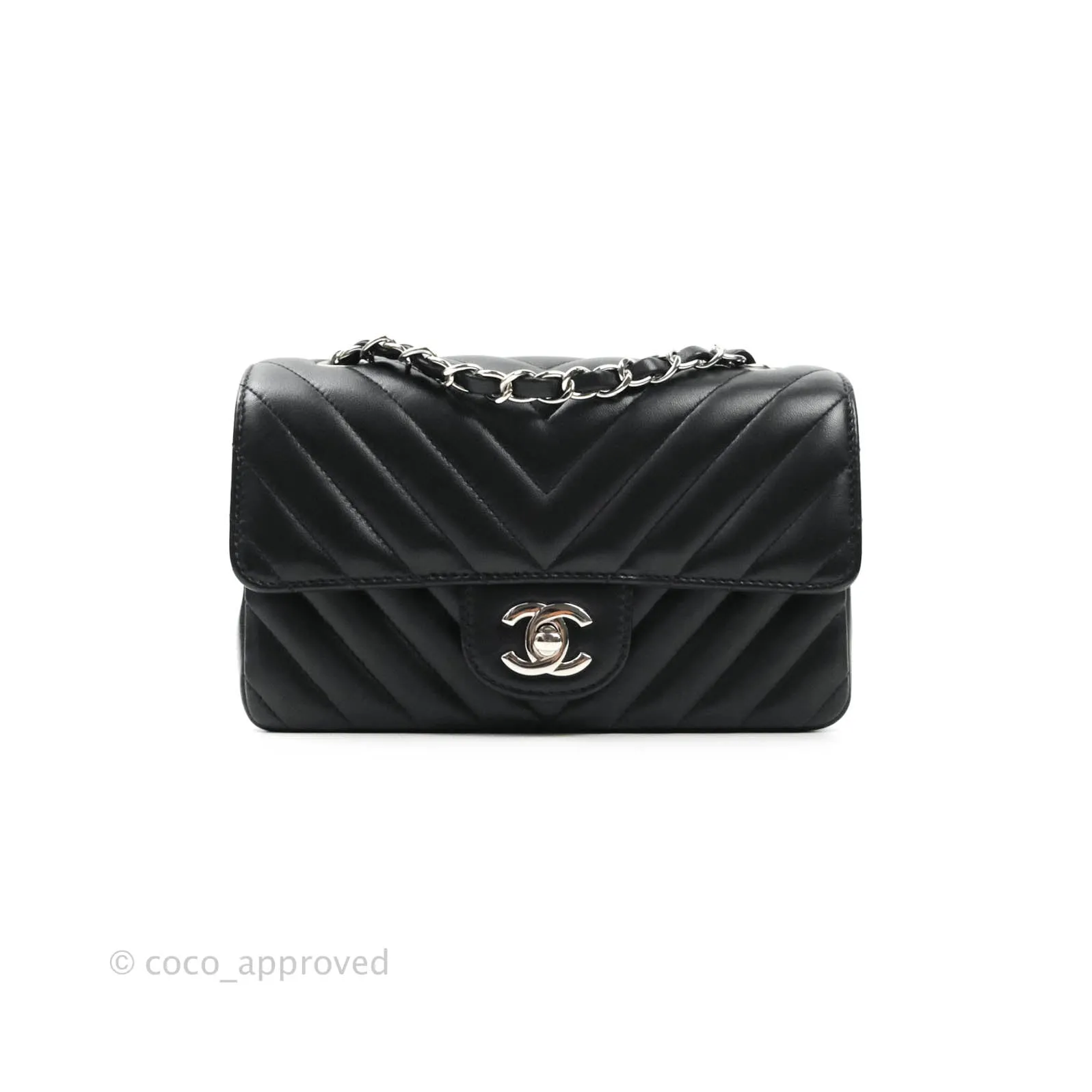 Chanel Classic Chevron Mini Rectangular Flap Black Lambskin Silver Hardware