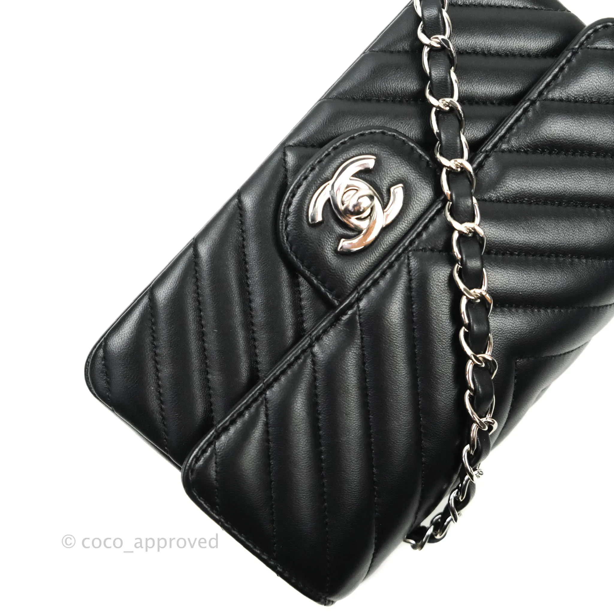 Chanel Classic Chevron Mini Rectangular Flap Black Lambskin Silver Hardware