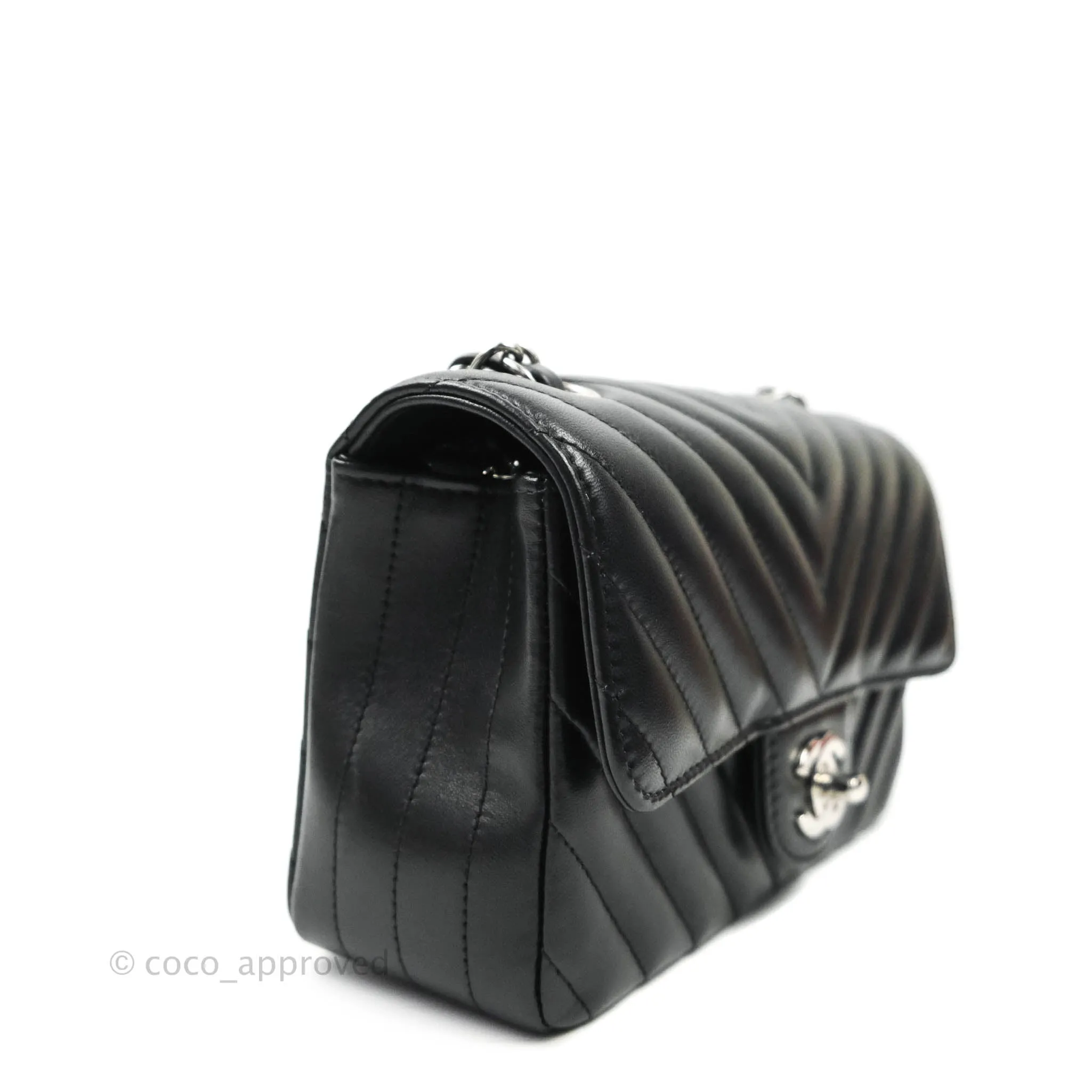 Chanel Classic Chevron Mini Rectangular Flap Black Lambskin Silver Hardware