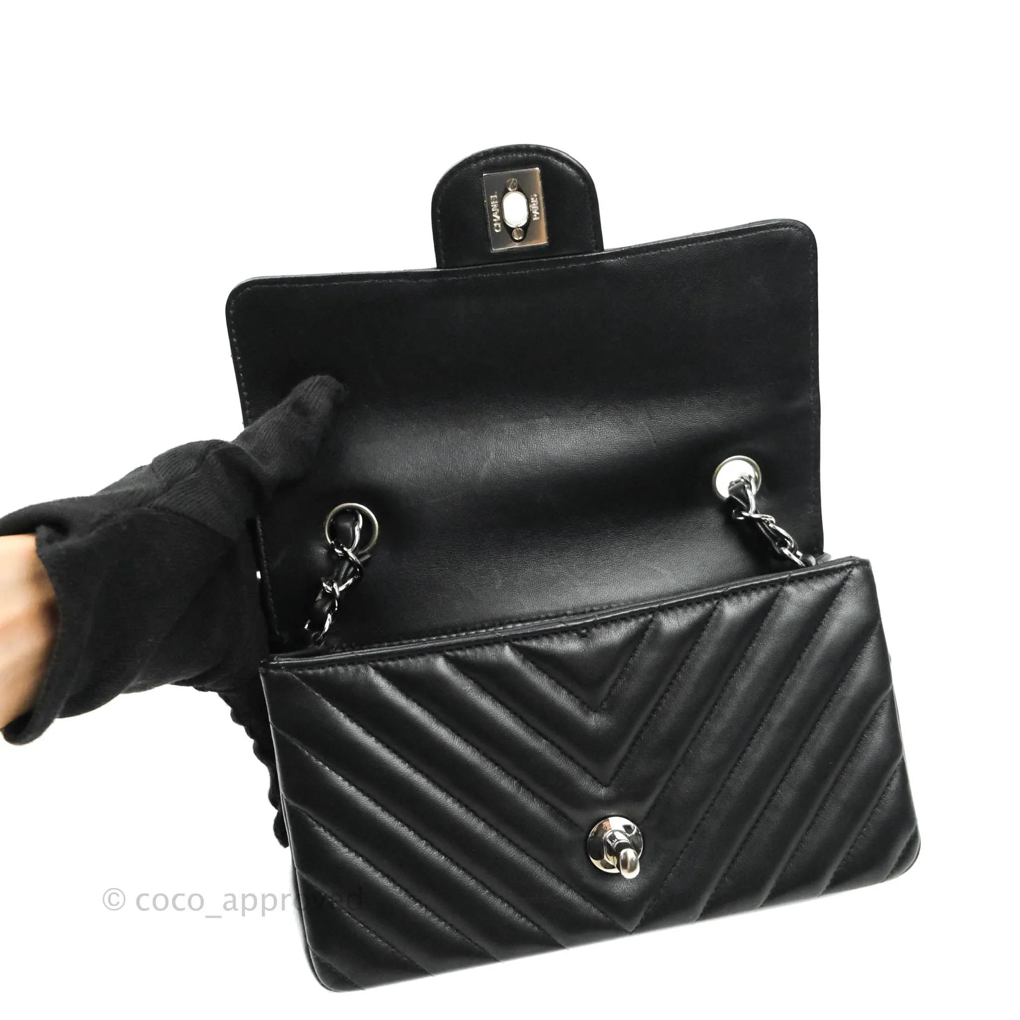 Chanel Classic Chevron Mini Rectangular Flap Black Lambskin Silver Hardware
