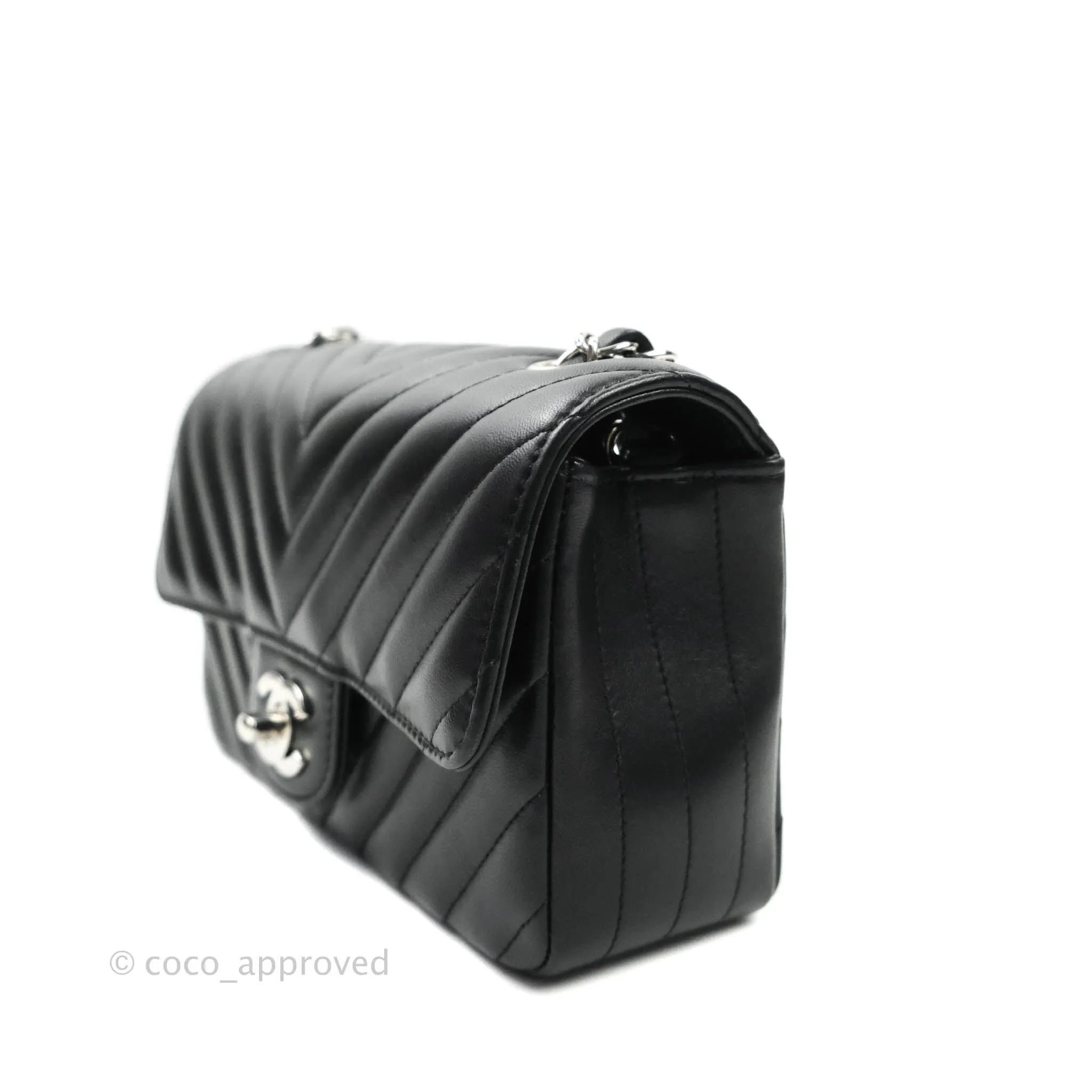 Chanel Classic Chevron Mini Rectangular Flap Black Lambskin Silver Hardware