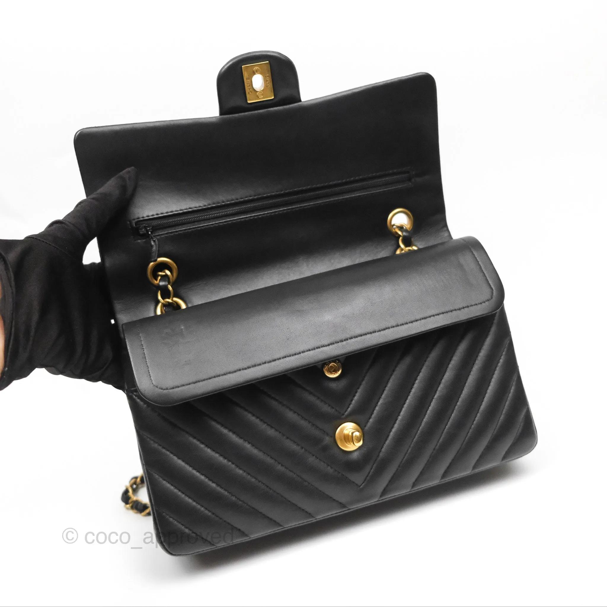 Chanel Classic M/L Medium Flap Chevron Black Lambskin Gold Hardware