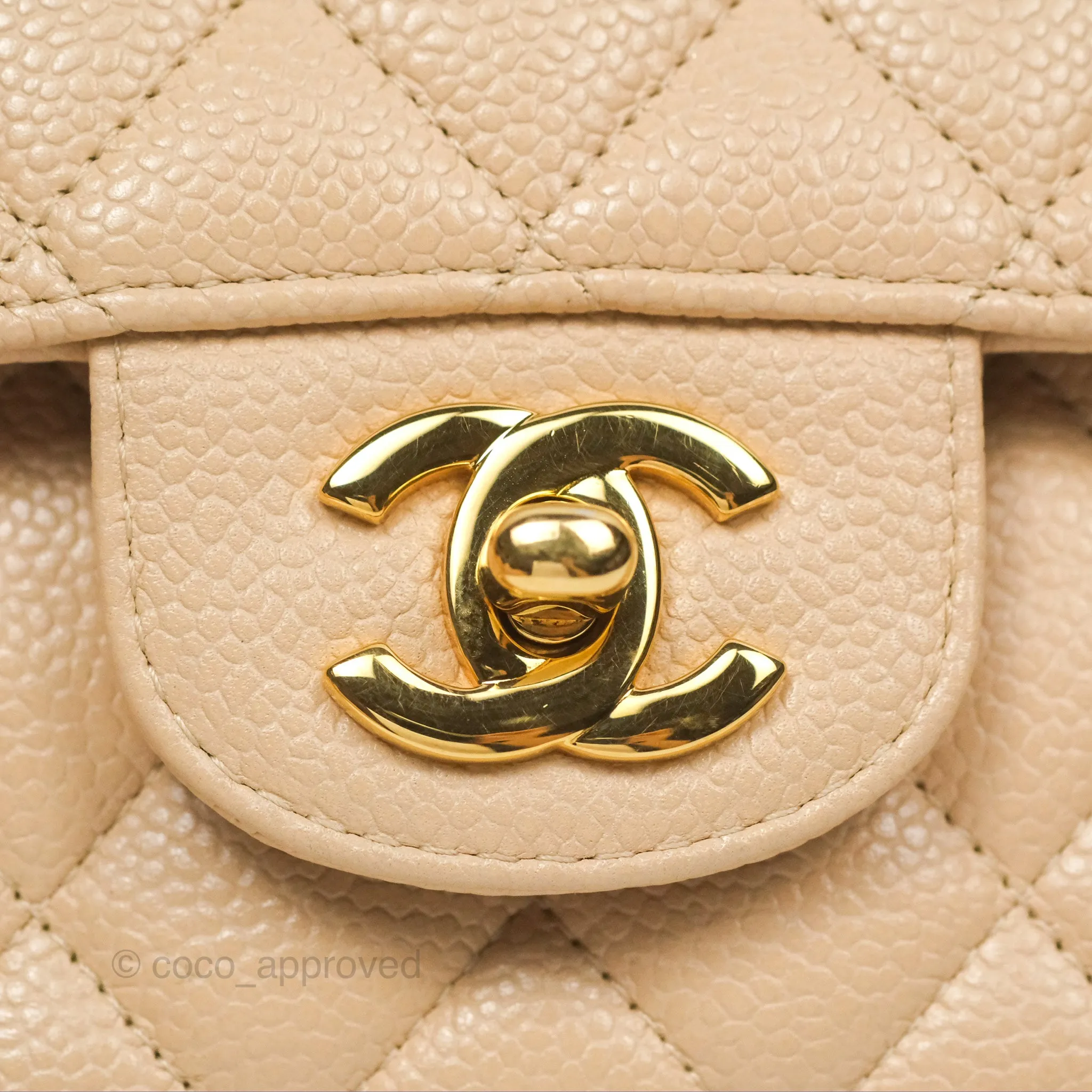 Chanel Classic M/L Medium Flap Quilted Beige Caviar Gold Hardware
