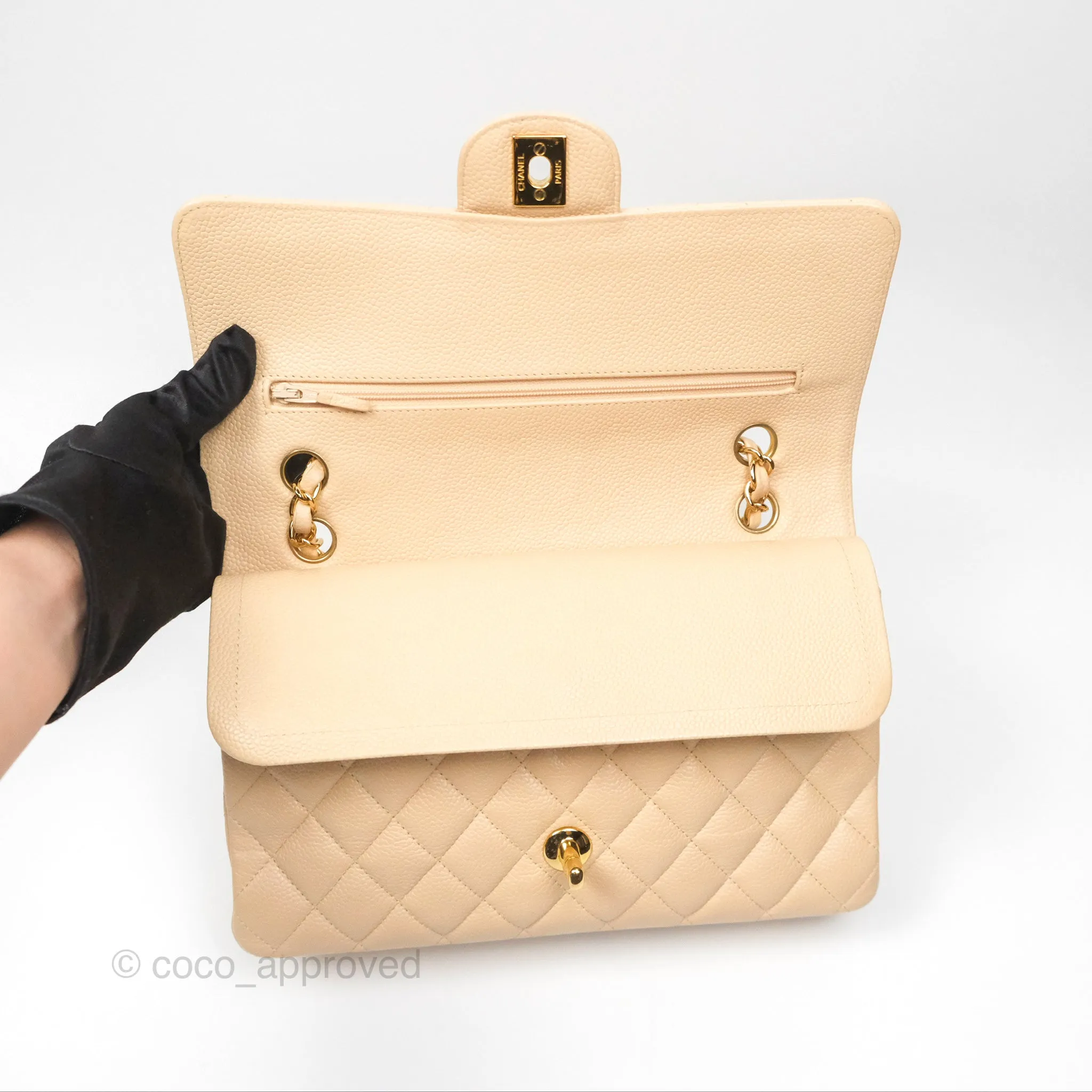 Chanel Classic M/L Medium Flap Quilted Beige Caviar Gold Hardware