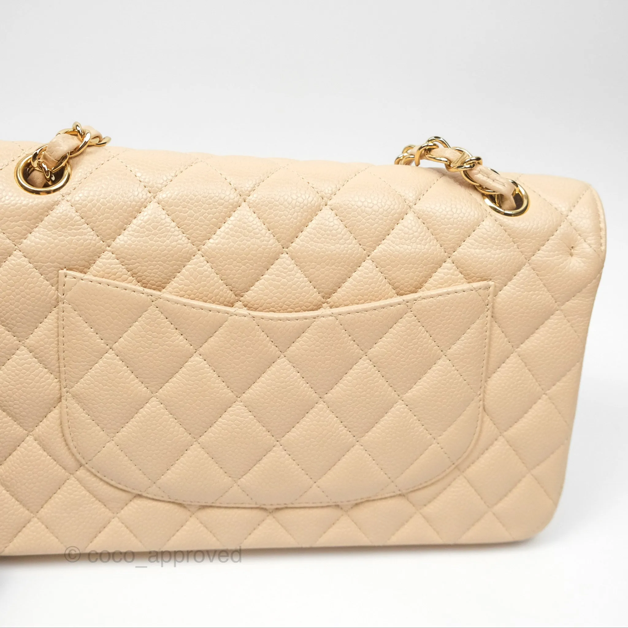 Chanel Classic M/L Medium Flap Quilted Beige Caviar Gold Hardware