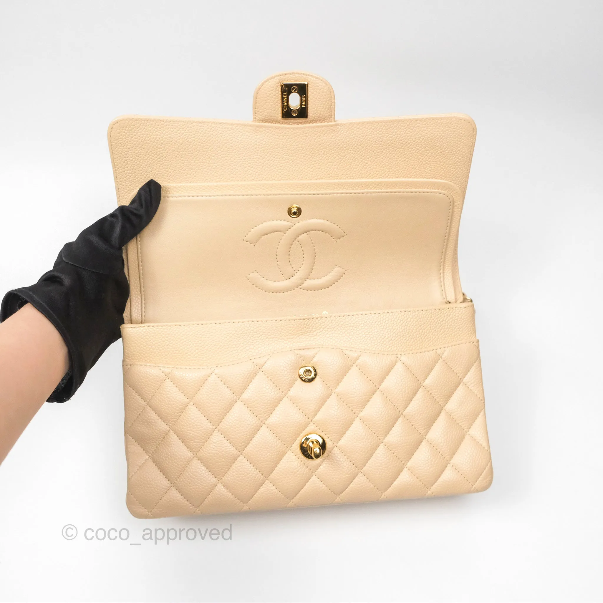 Chanel Classic M/L Medium Flap Quilted Beige Caviar Gold Hardware