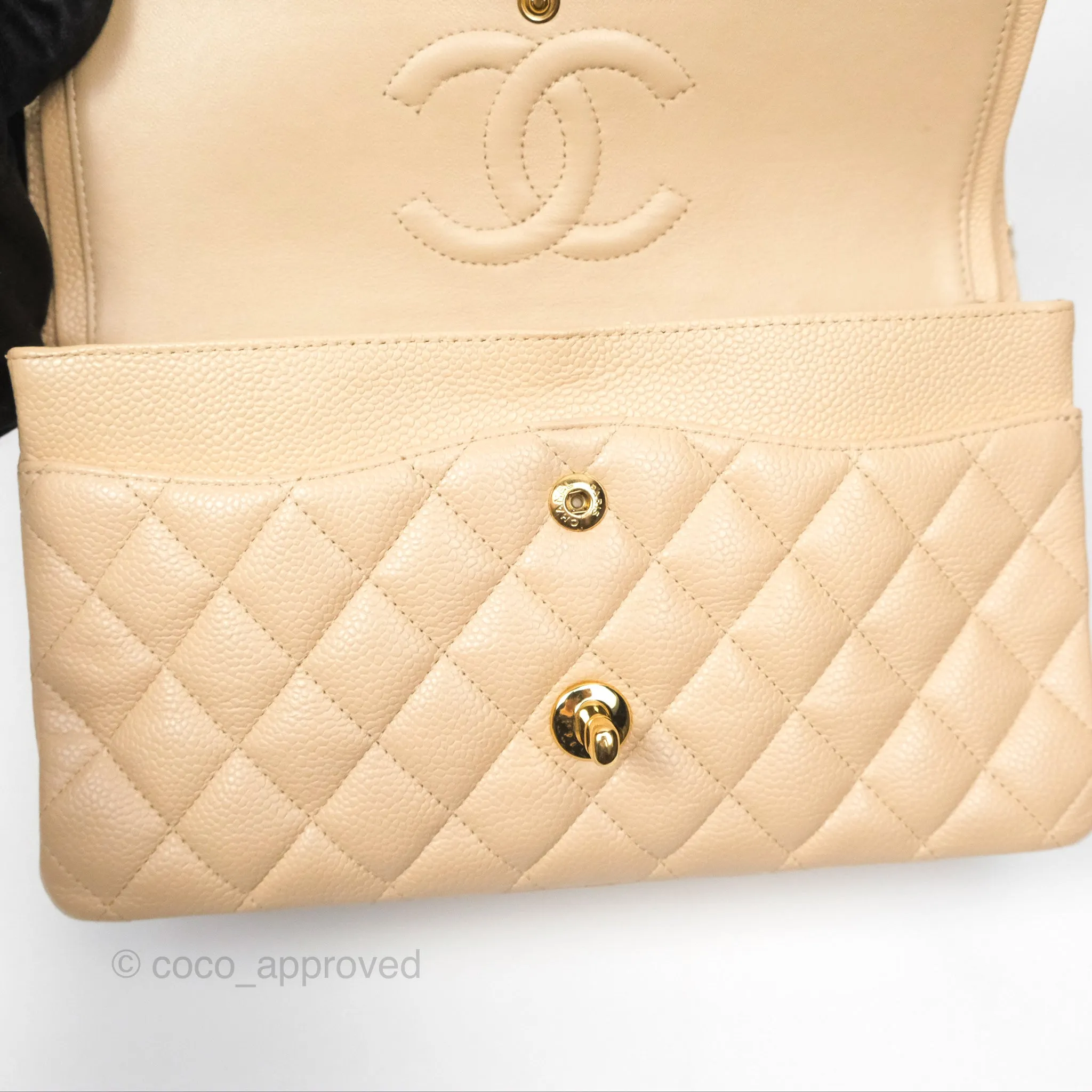 Chanel Classic M/L Medium Flap Quilted Beige Caviar Gold Hardware