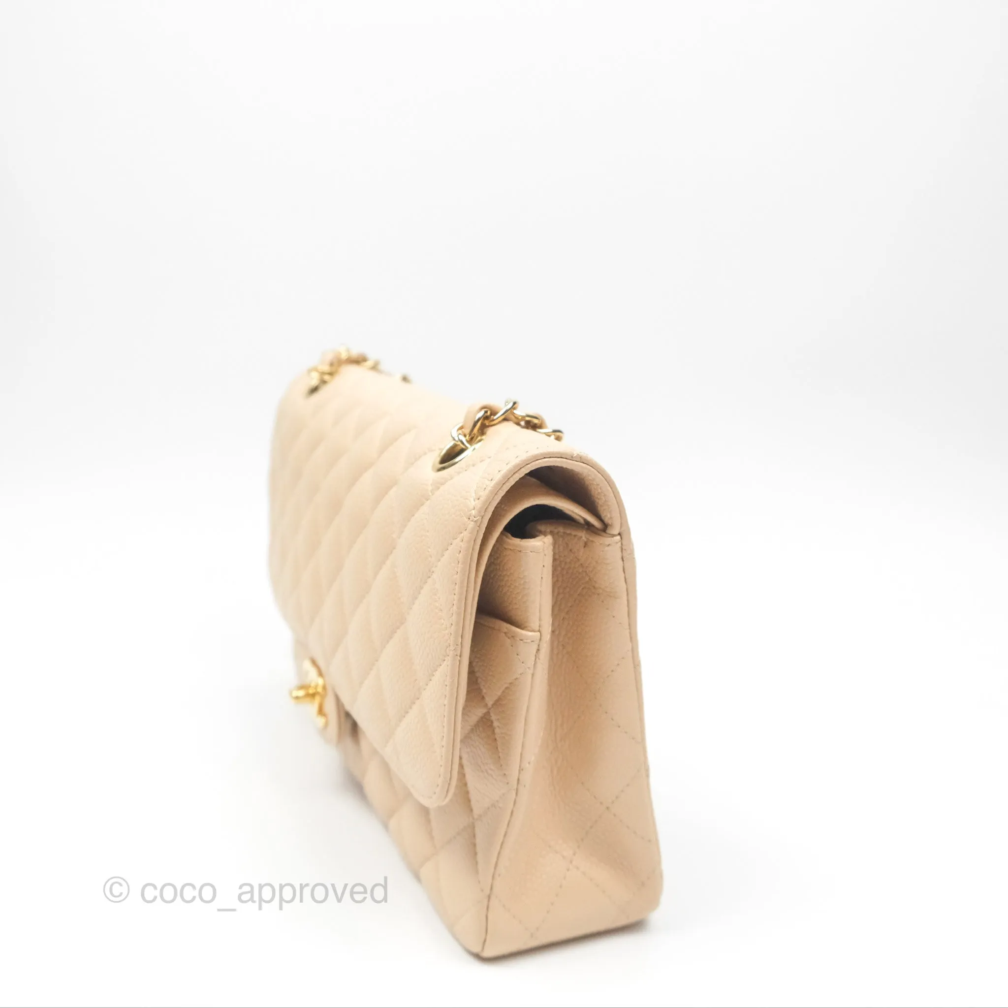 Chanel Classic M/L Medium Flap Quilted Beige Caviar Gold Hardware