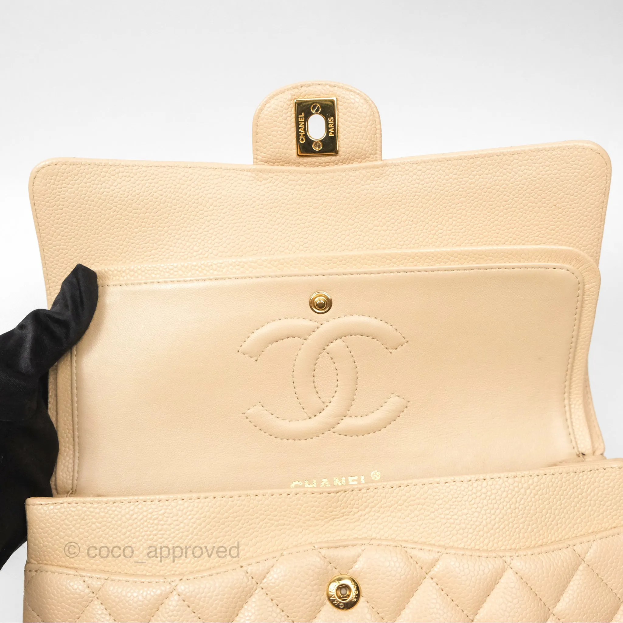 Chanel Classic M/L Medium Flap Quilted Beige Caviar Gold Hardware