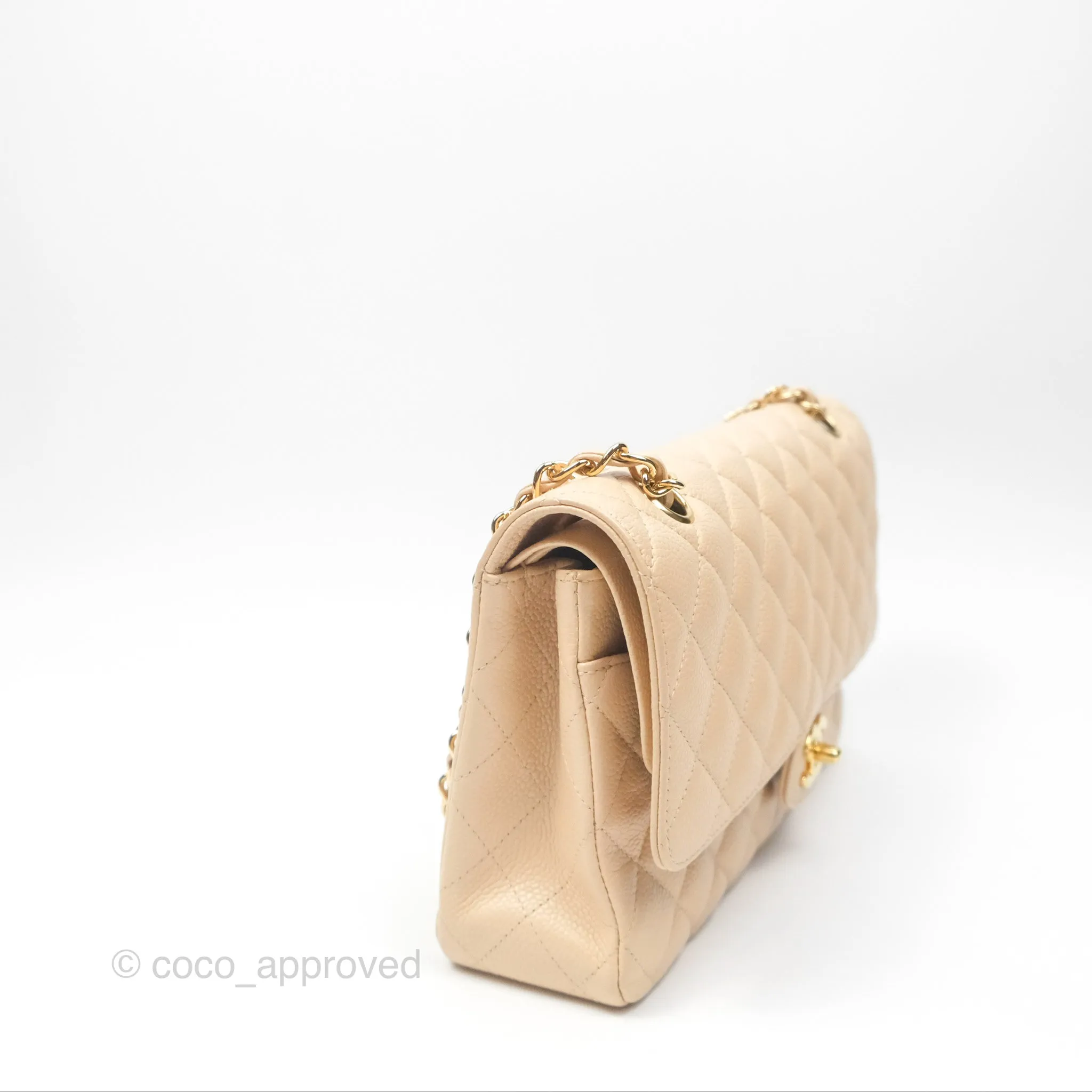 Chanel Classic M/L Medium Flap Quilted Beige Caviar Gold Hardware